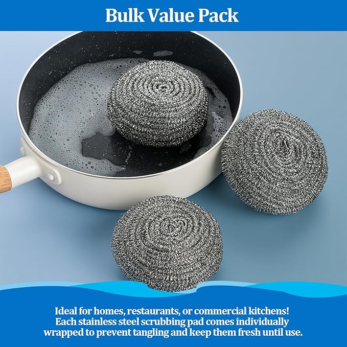 Steel Wool Scrubber Heavy-Duty Stainless Steel Scrubber Pads for Pots, Pans, Grills, and Stovetops 1.06oz, Ideal for Home and Commercial Use (12-Pack)