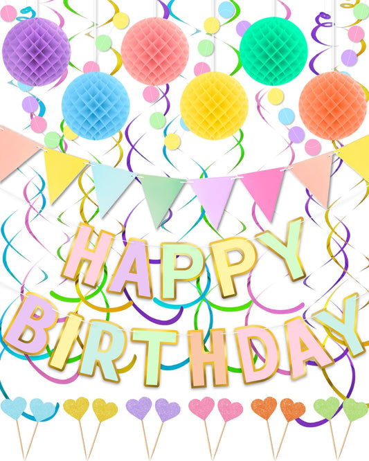 Oomloid Happy Birthday Party Decorations - Colorful Happy Birthday Banner Swirl Streamers Honeycomb Balls Circle Dots Garland Triangle Flag Bunting, Party Decor for Women Men Boys Girls