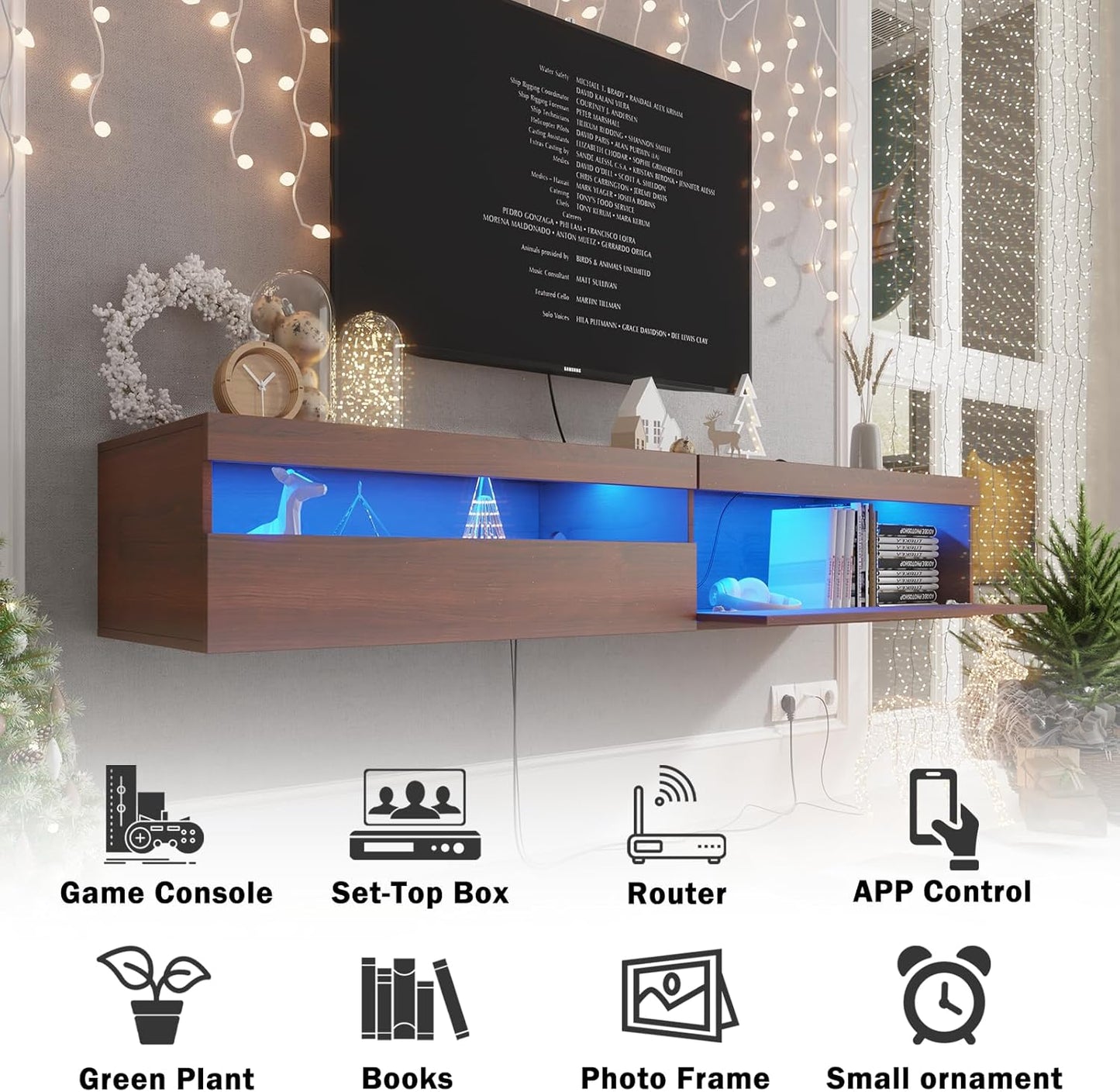 Floating TV Stand with Led Lights, 71 inch Wall Mounted TV Shelf with Power Outlet, Modern Entertainment Center Media Console with Storage Cabinet, Up to 80 Inch TVS, Walnut