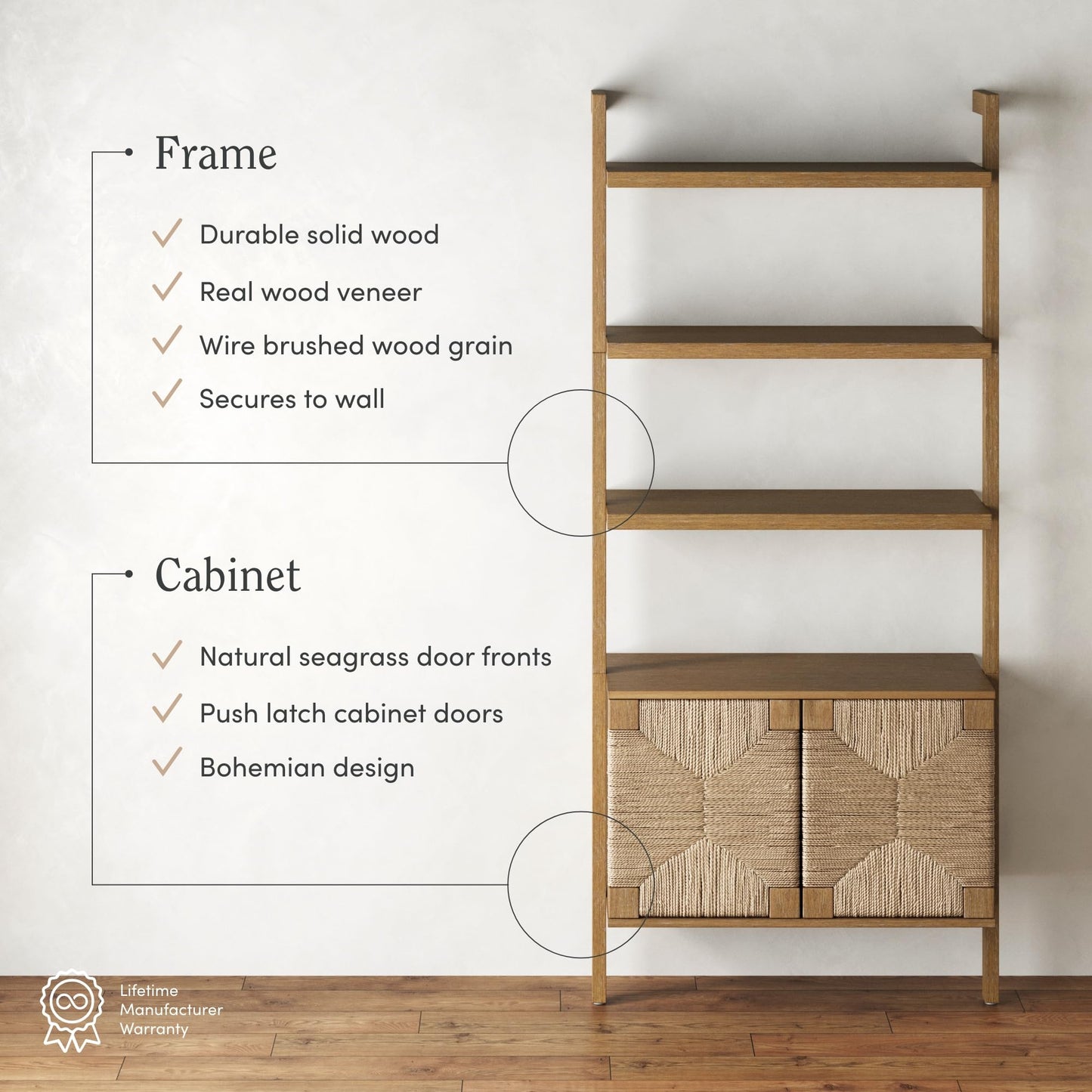 Nathan James Beacon 3-Shelf Solid Wood Bookshelf with Storage Cabinet, Bohemian Wall Mounted Shelf with Seagrass Door Fronts
