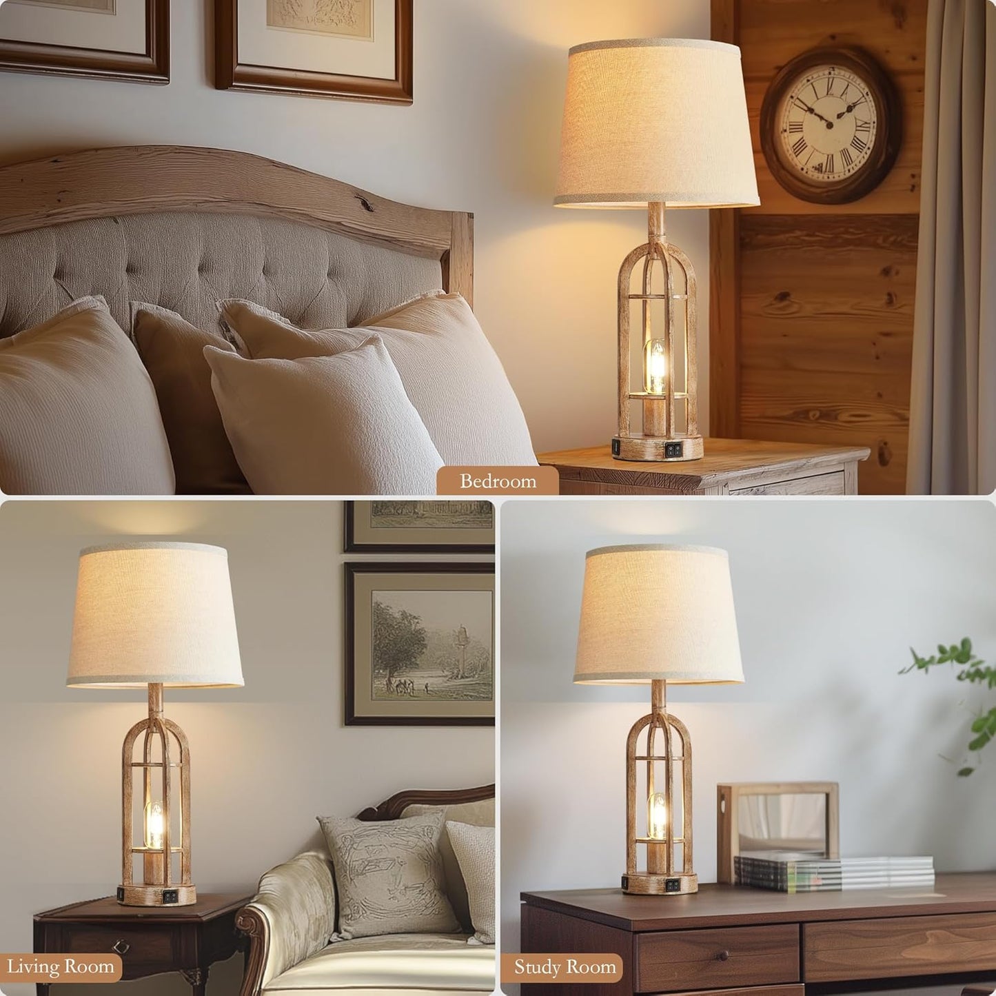Table Lamps for Living Room End Table Set of 2 - Rustic Farmhouse Bedside Lamps for Bedroom Nightstand with Nightlight and USB A+C, 4 Bulbs Included