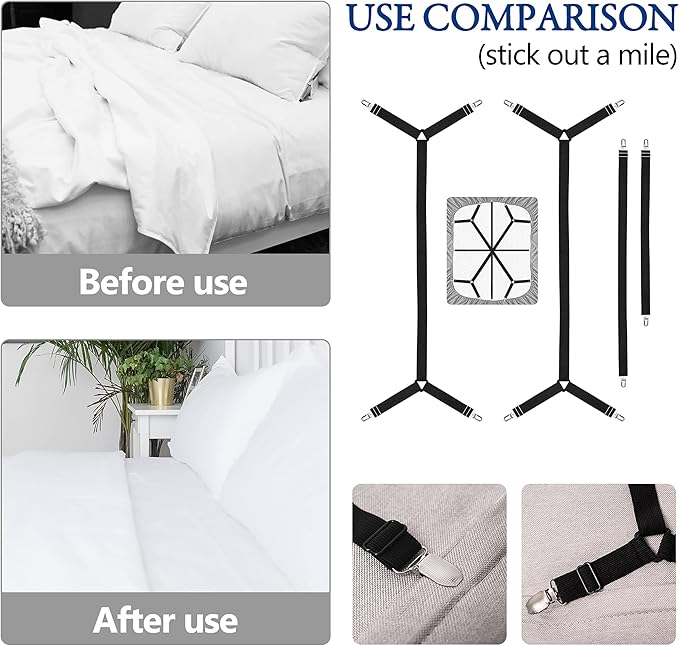 Bed Sheet Straps,Adjustable Elastic Sheet Fasteners,Secure Mattresses Covers Keeper with Fitted Sheet Holders and Metal Clips,Ensuring Sheets Stay in Place（4pcs Black）