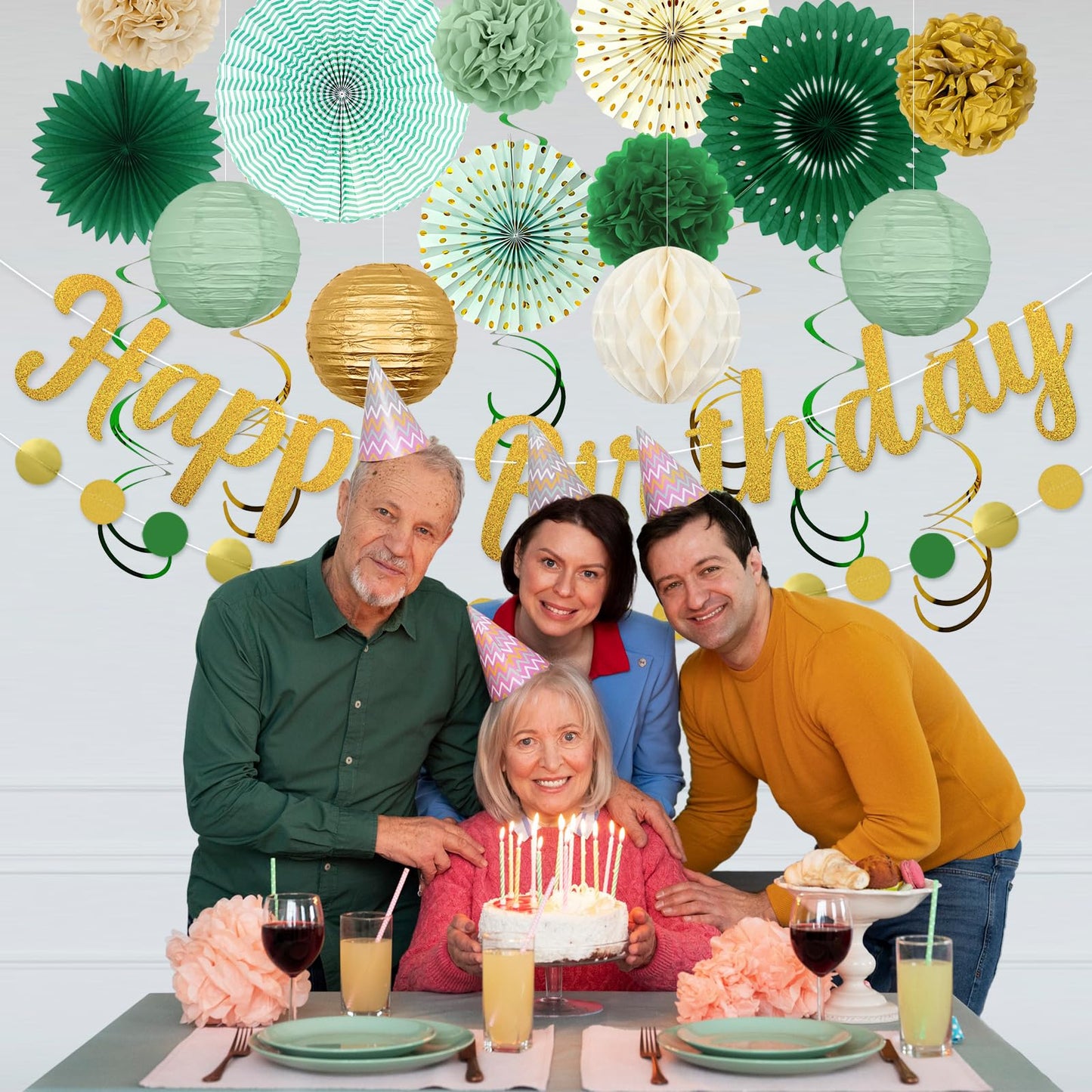 Sage Green Birthday Party Decorations - 21pcs with Happy Birthday Banner, Paper Lanterns, Tissue Pom Poms, Hanging Streamers, Round Garland for Women Girls Boys Birthday Decor Supplies.