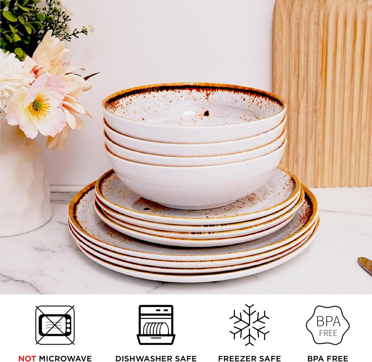 TP 12-Piece Dinnerware Set, Melamine Dishes Set with Bowls and Plates, Non-breakable and Lightweight Dinner Service for 4, Grey Swirl