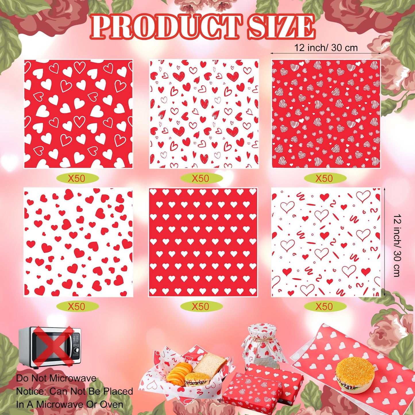 Ireer 300 Pcs Red Heart Wax Paper Sheets Parchment for Food Deli Paper 12x12 Inch Waterproof 6 Style Heart Valentine Mom Teacher Gift Wrapping Picnic Basket Liners Greaseproof Wrapping Wedding Party
