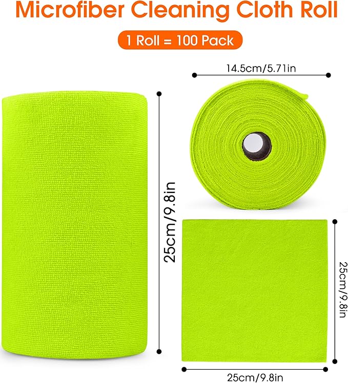 Microfiber Cleaning Cloth Roll–100 Pack, Tear Away Microfiber Towels, Reusable, Washable, Scratch-Free, Kitchen Towels for Car, Home, Kitchen, Glass, Dishes (Neon Green)