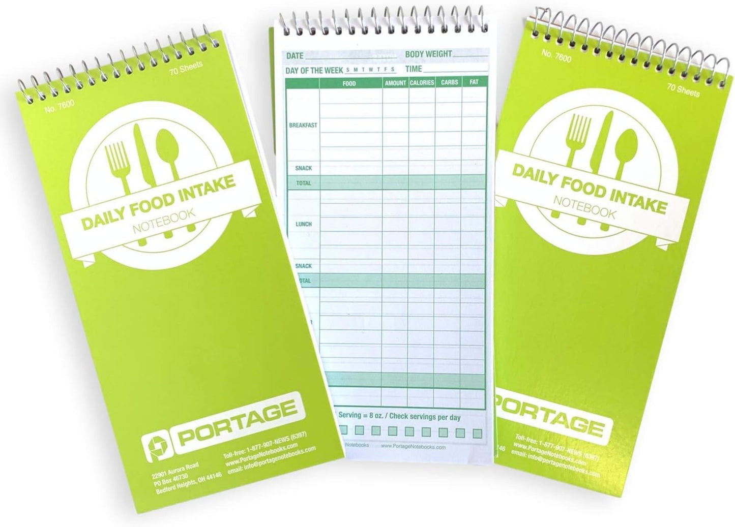 Portage Food Diet Journal - Notebook for Daily Food Intake with Template to Track Calories, a Diet Diary, Meal Tracker – 4 x 8 Inches, 70 Sheets, 140 Pages, (Pack of 3)