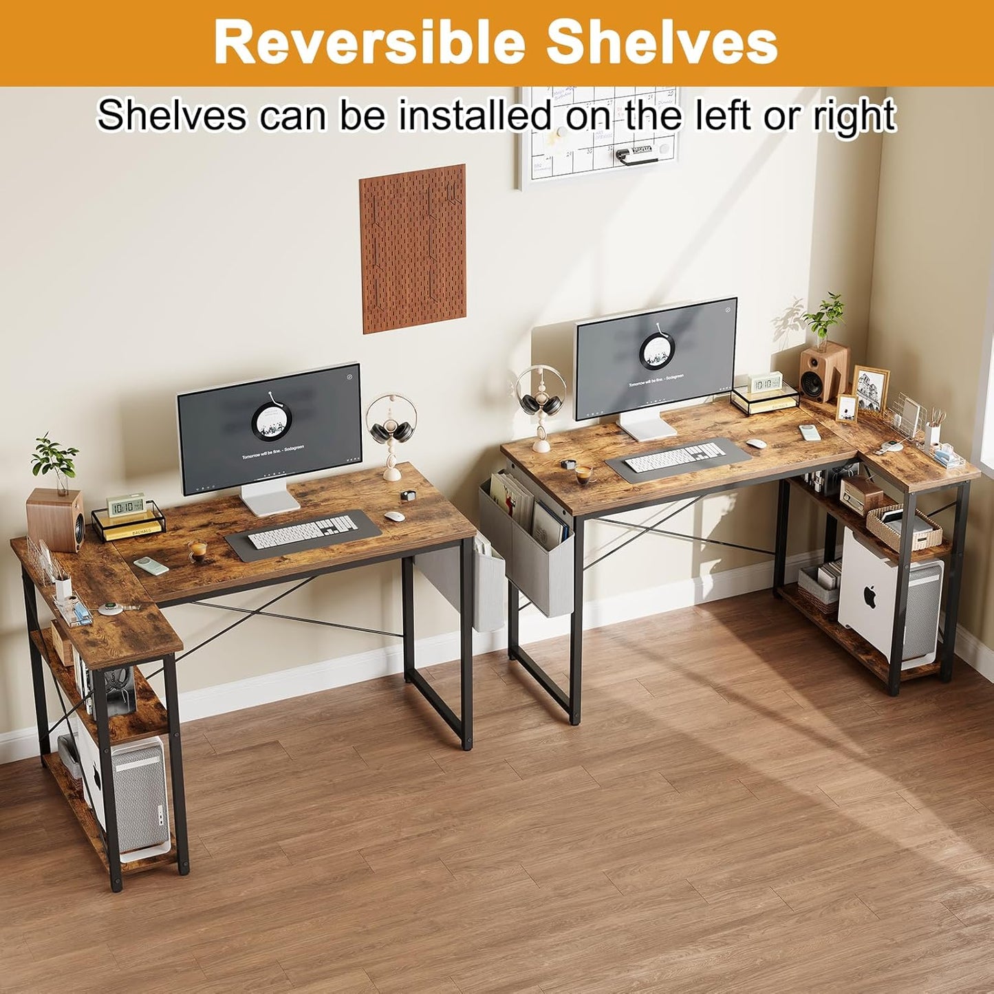 L Shaped Computer Desk with Reversible Shelves, 47 Inch Small Corner Desk with Storage Bag, Gaming Desk Computer Table Study Writing Desk for Home Office Small Space, Rustic Brown