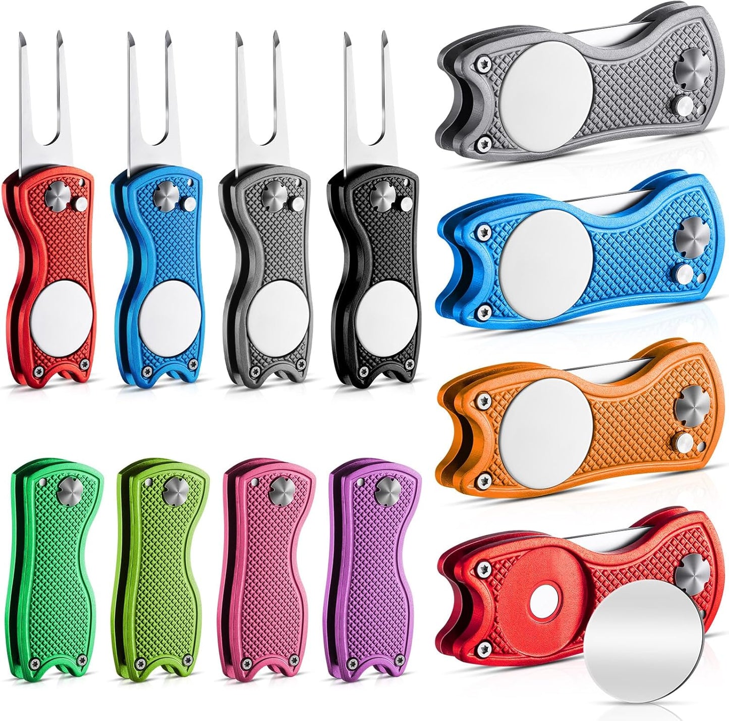Poen 12 Pcs Golf Divot Tool Golf Repair Tool with Magnetic Ball Marker and Popping Button Metal Foldable Switchblade Repair Fixer for Golfers Prizes