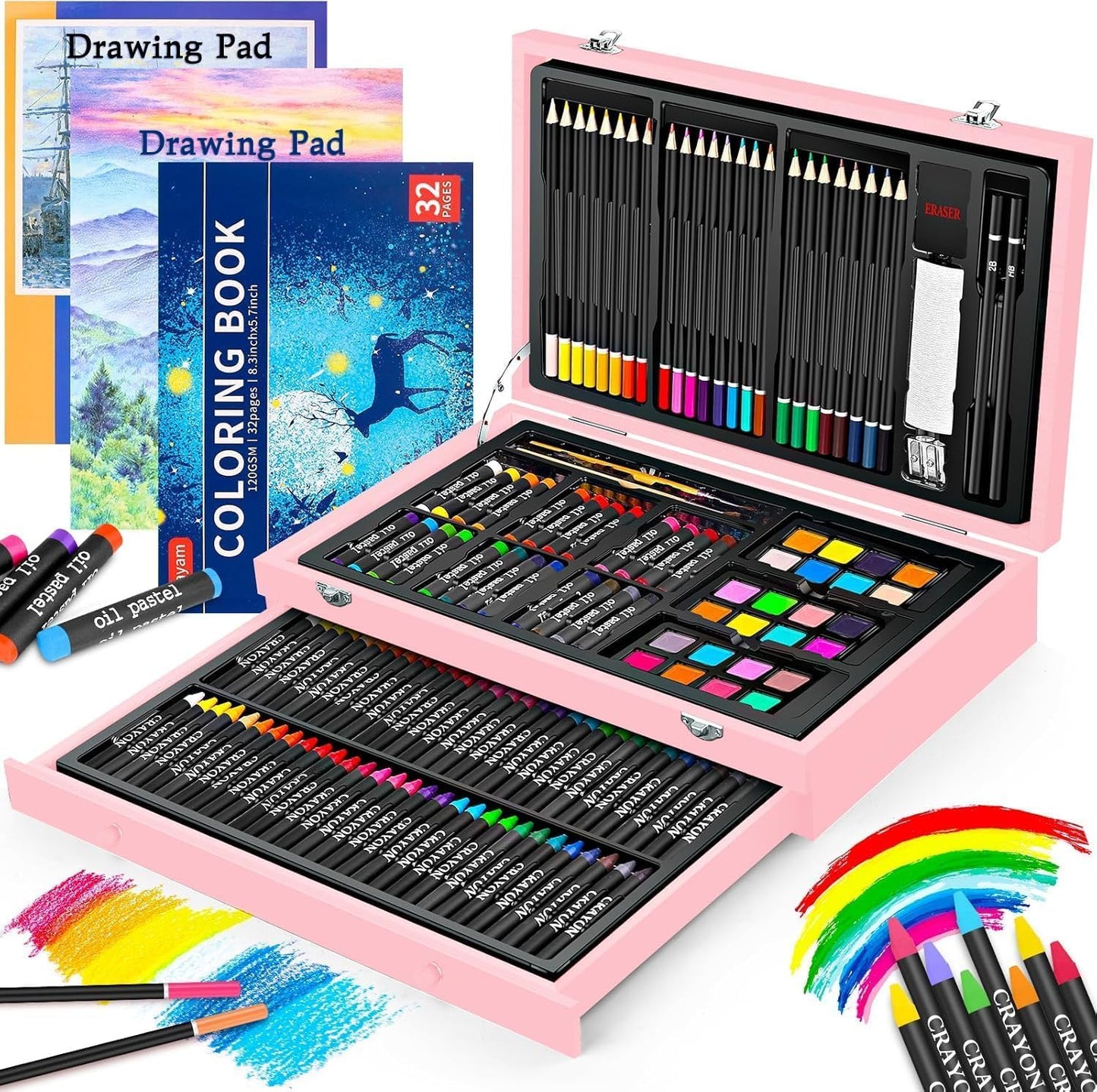 iBayam Christmas| Birthday Gifts for Kids Teen Girls Trendy Stuff 6-16 Year Old, 150-Pack Art Set Kits with 2 Sketch Pads, Coloring Book, Stocking Stuffers for Teens Girls, Cute Cool Fun Crafts Gifts