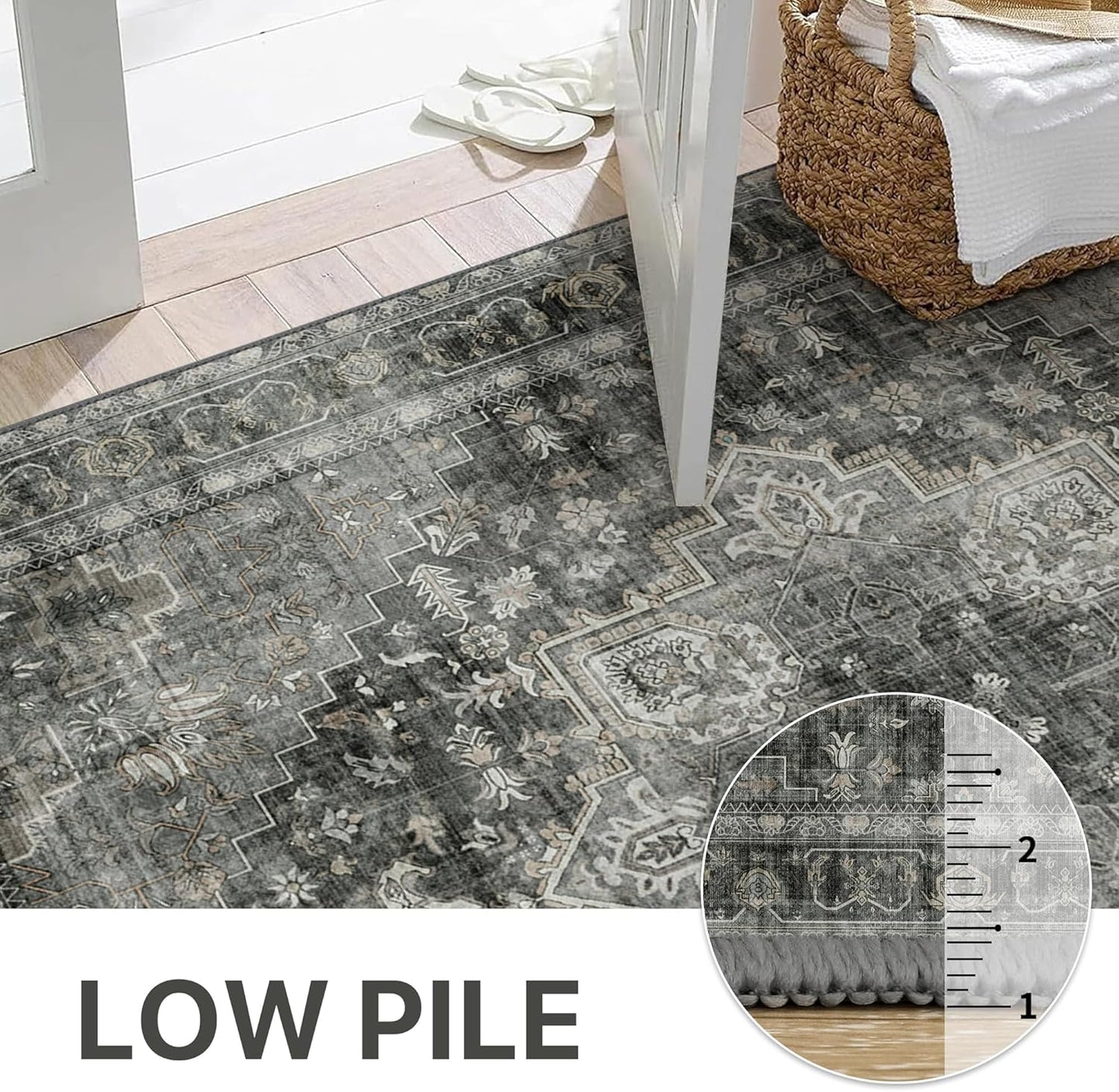 GENIMO 5x7 Area Rugs for Living Room, Machine Washable Non Slip Vintage Rugs, Low Pile Lightweight Chenille Print Rug for Bedroom, Dining Room, Home Office,Charcoal Gray