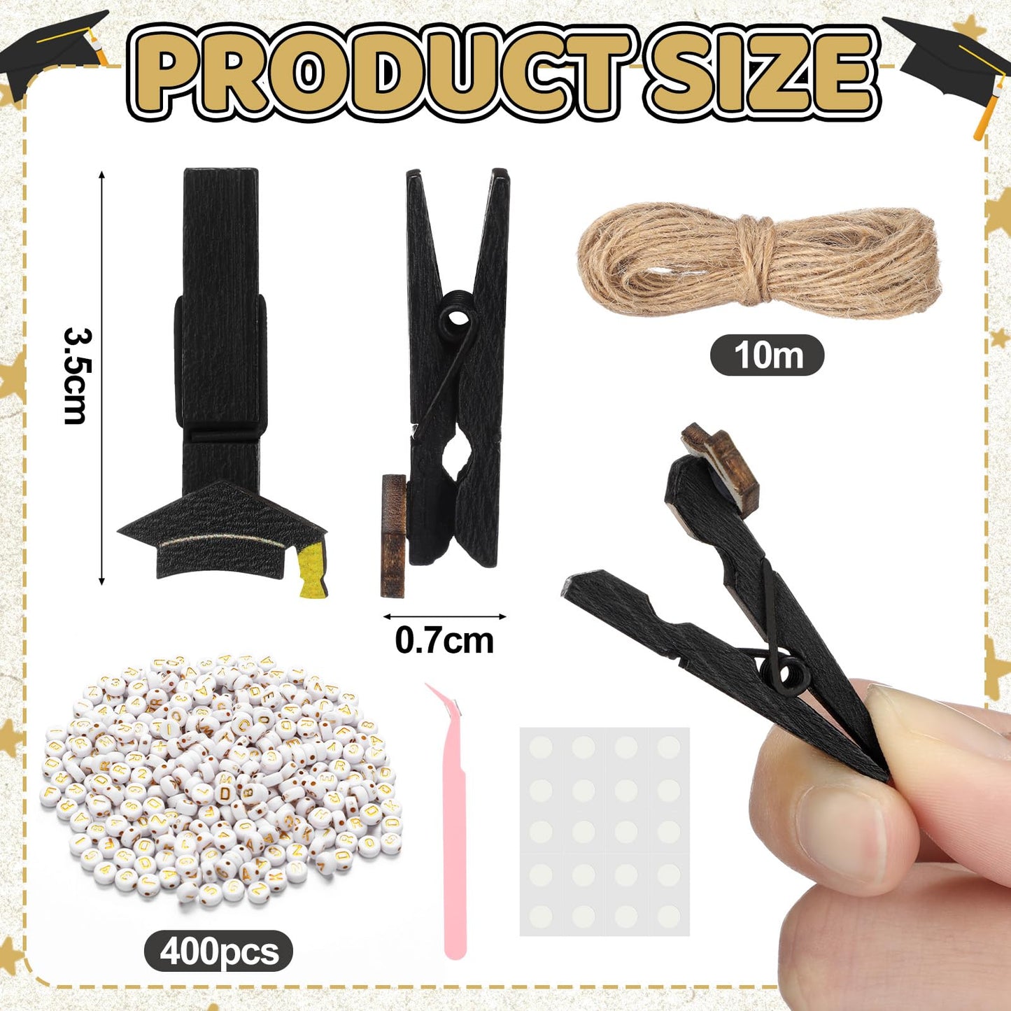 Amyhill Graduation Photo Clips for Picture Display 2026 Graduation Cap Close Pins for Photo Display Banner DIY Craft Kits 50 Clips with 400 Letter Beads 33ft Jute Twine for Grad Party Decorations
