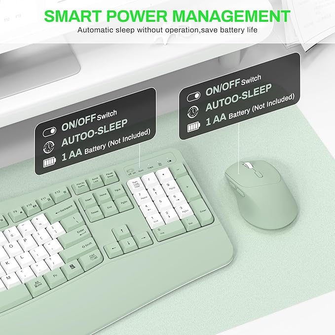 Wireless Keyboard and Mouse Combo,2.4G Full Size Wave Keys Ergonomic Keyboard with Wrist Rest for Natural Typing, 3 DPI Adjustable Ergonomic Mouse for Computer/Laptop/Windows/Mac (Avocado Green-B)