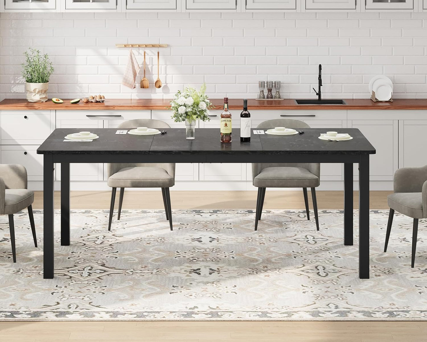 GarveeHome 70.8in Industrial Dining Table for 6, Wooden Long Dinner Table with Mortise Tenon Design, Kitchen Table with Sturdy Metal Legs, for Dining Room Home Office Living Room, Black