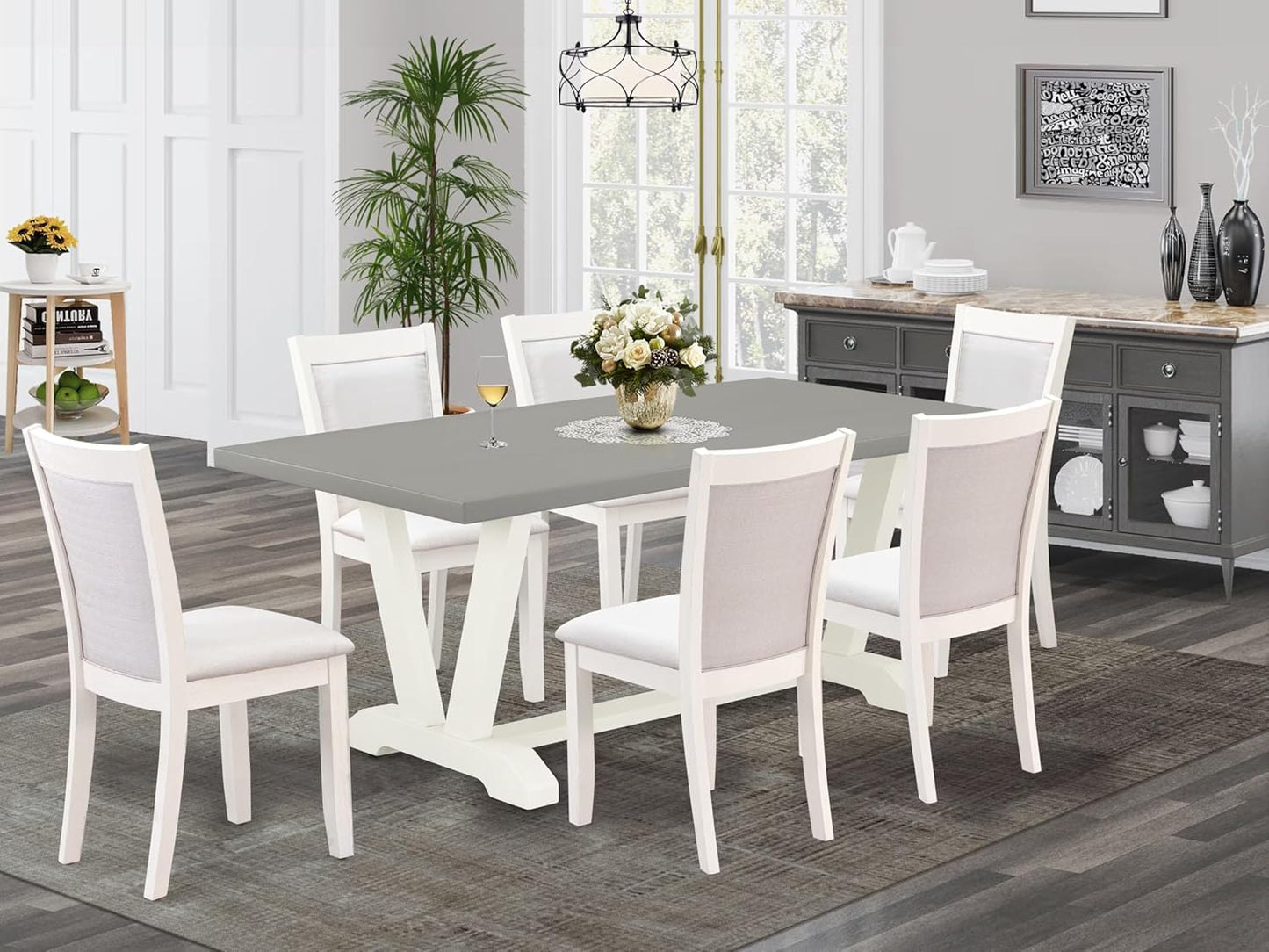 East West Furniture V097MZ001-7 7 Piece Kitchen Table Set Consist of a Rectangle Dining Table with V-Legs and 6 Cream Linen Fabric Parson Dining Room Chairs, 40x72 Inch, Multi-Color