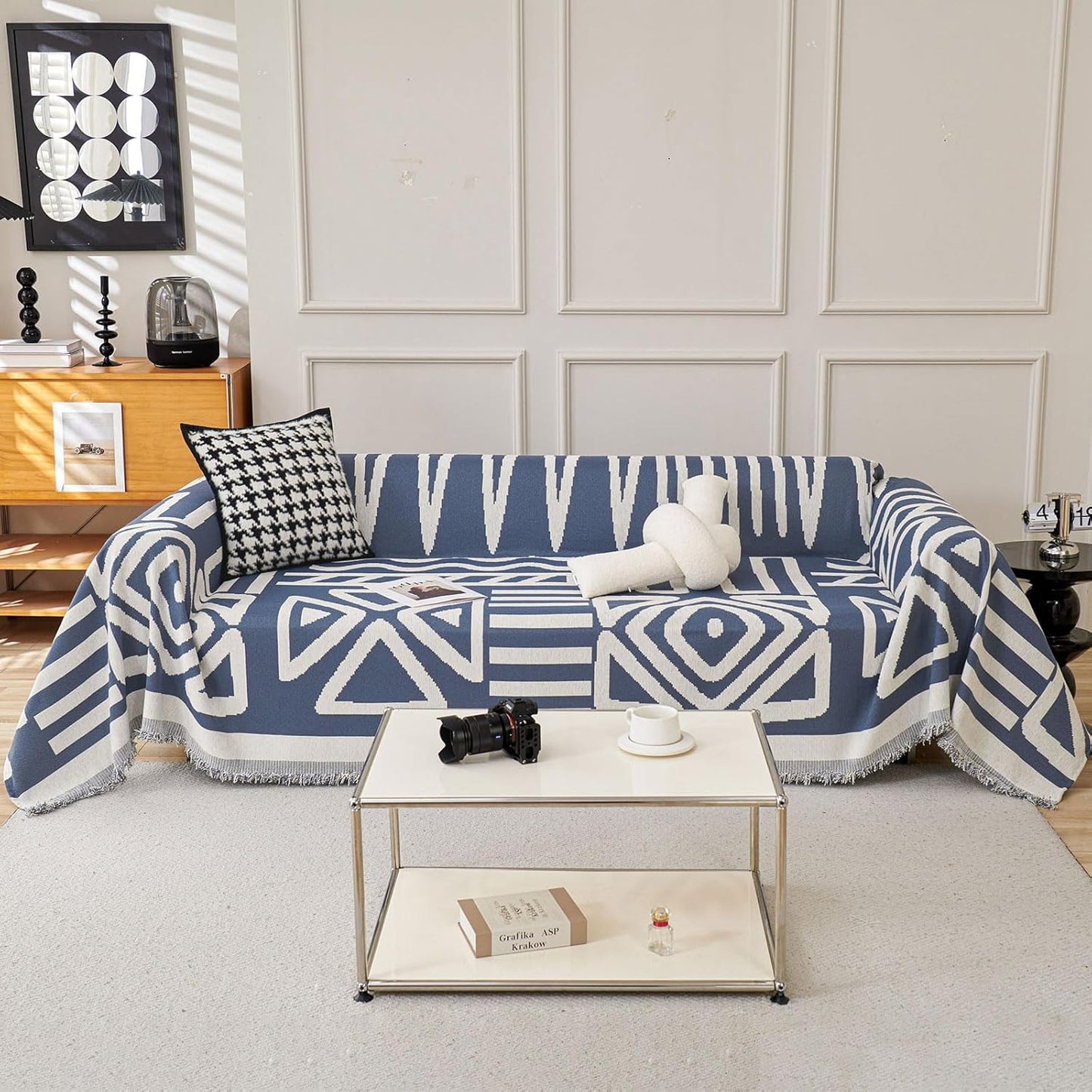 STACYPIK Boho Chenille Blue Sofa Cover L Shaped Couch Cover Reversible Couch Cover for 3 Cushion Couch Non-Silp Furniture Cover for Dogs Cats Sectional Sofa Cover for Loveseat Futon Cover-91X118IN