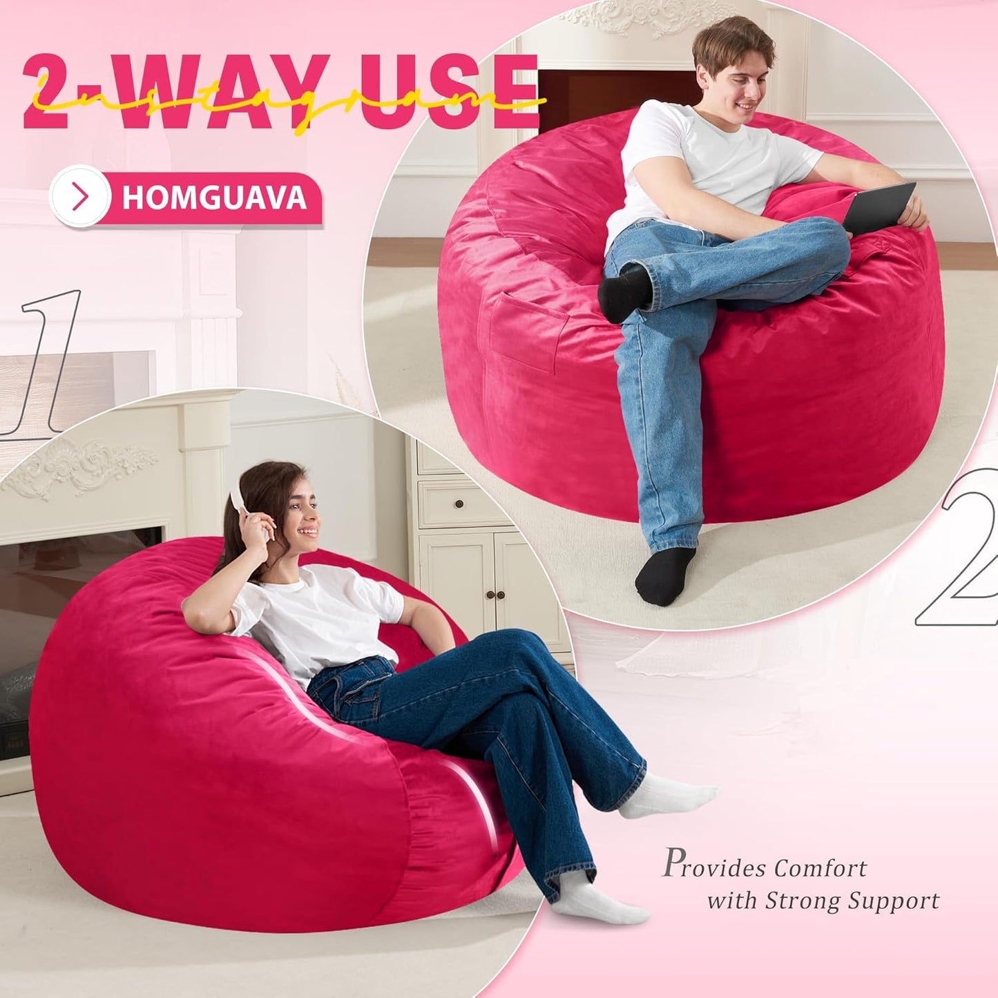 Homguava 3FT Bean Bag Chair: 3' Bean Bags with Memory Foam Filled, Large Beanbag Chairs Soft Sofa with Dutch Velvet Cover-Pink