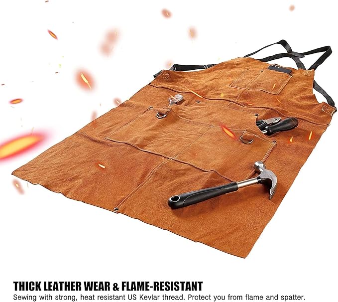 QeeLink Leather Welding Work Apron with 6 Tool Pockets, Heat & Flame Resistant Welder Aprons, 24" x 36", Adjustable M to XXXL
