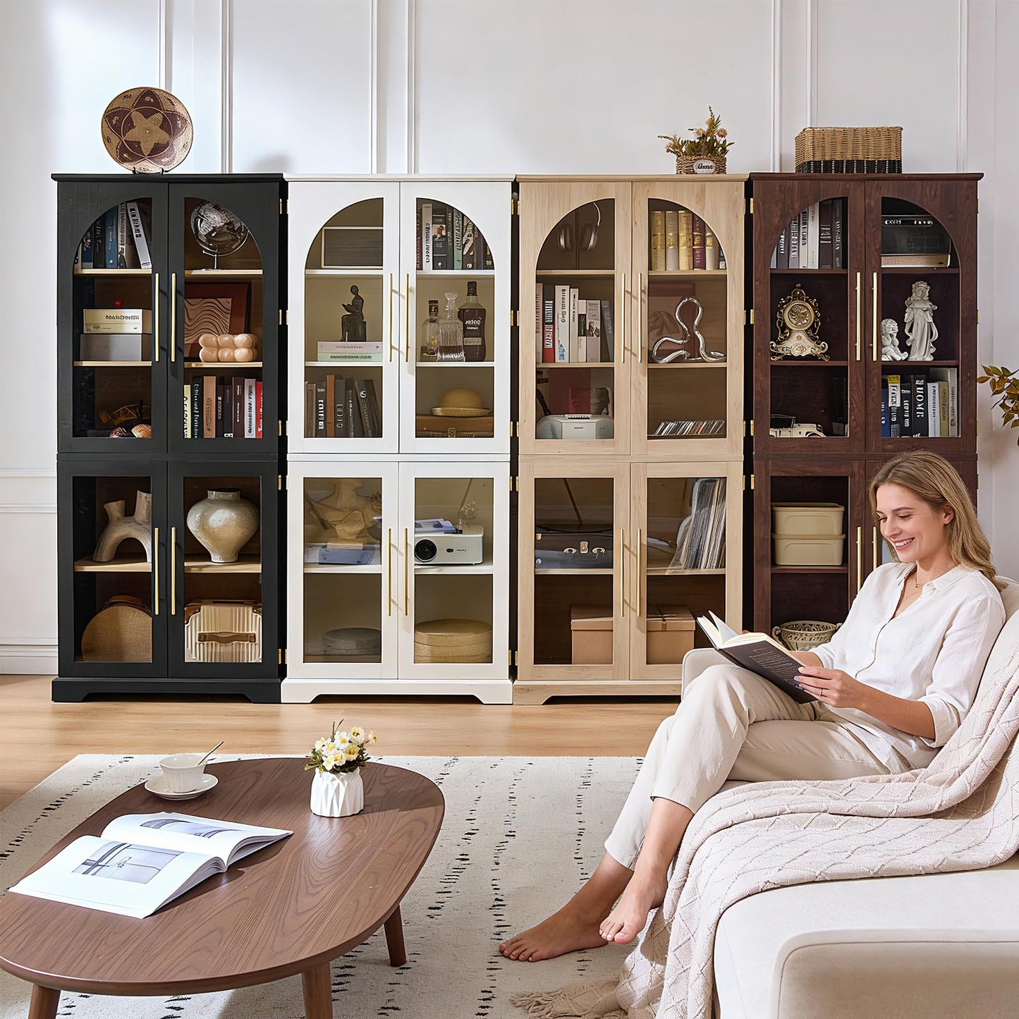 Joaxswe 72" Tall Bookshelf Set of 2, Farmhouse Bookcase with 3-Tier Adjustable Shelves, Modern Living Room Display Cabinet with Glass Doors, Large Storage Cabinet for Home Office,Dining Room, Black