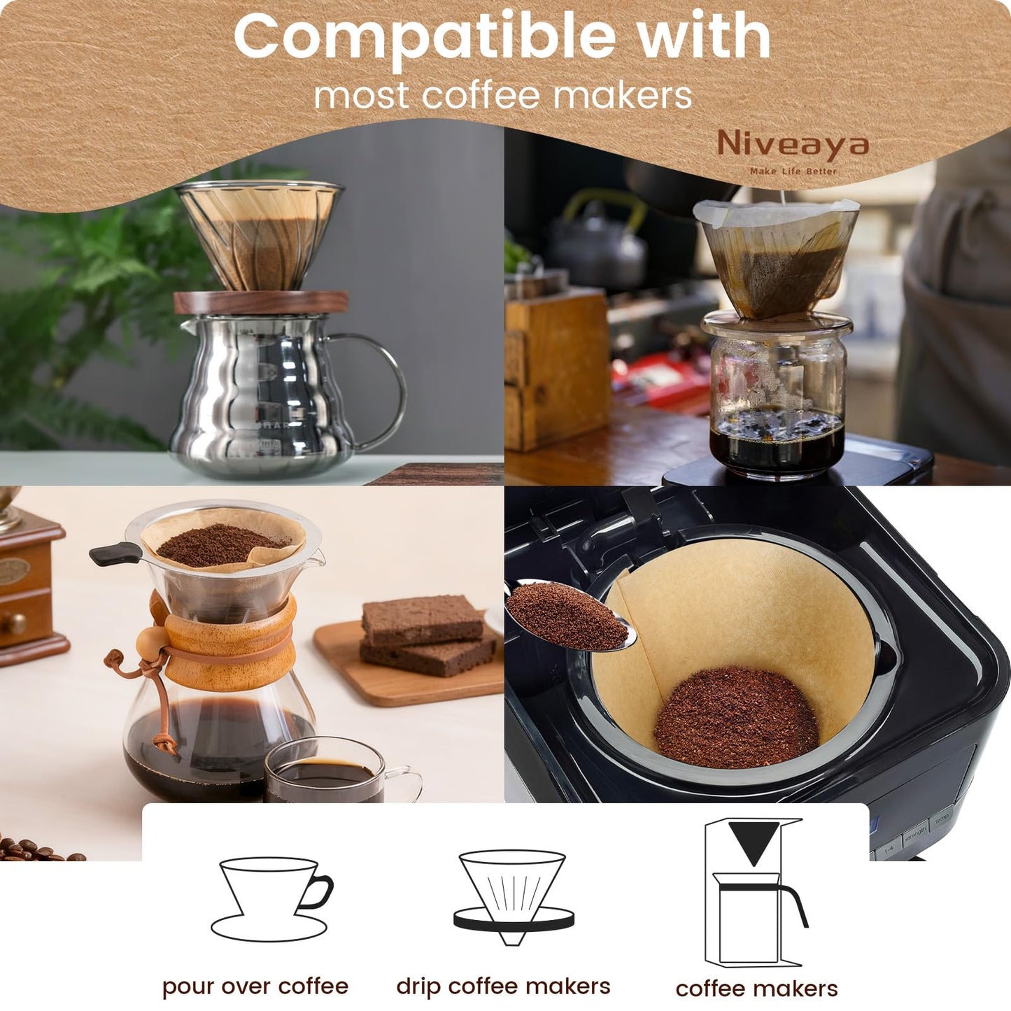 Niveaya 200 Count Coffee Filters #4, Unbleached Natural Brown Coffee Filters 8-12Cup, Disposable Cone Paper Fliters for Pour Over and Drip Coffee Maker
