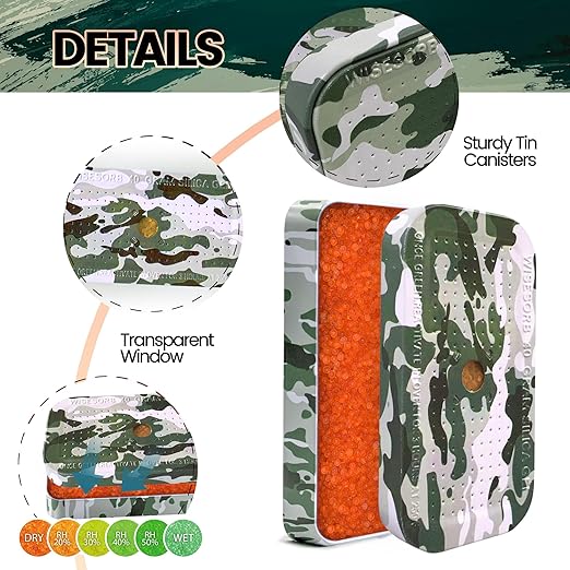 40 Gram Gun Safe Dehumidifier Camouflage, Rechargeable Desiccant Canister Dehumidifier Bags, Reusable Silica Gel Packets Moisture Absorbers for Car, Bathroom, Basement [4PACK]