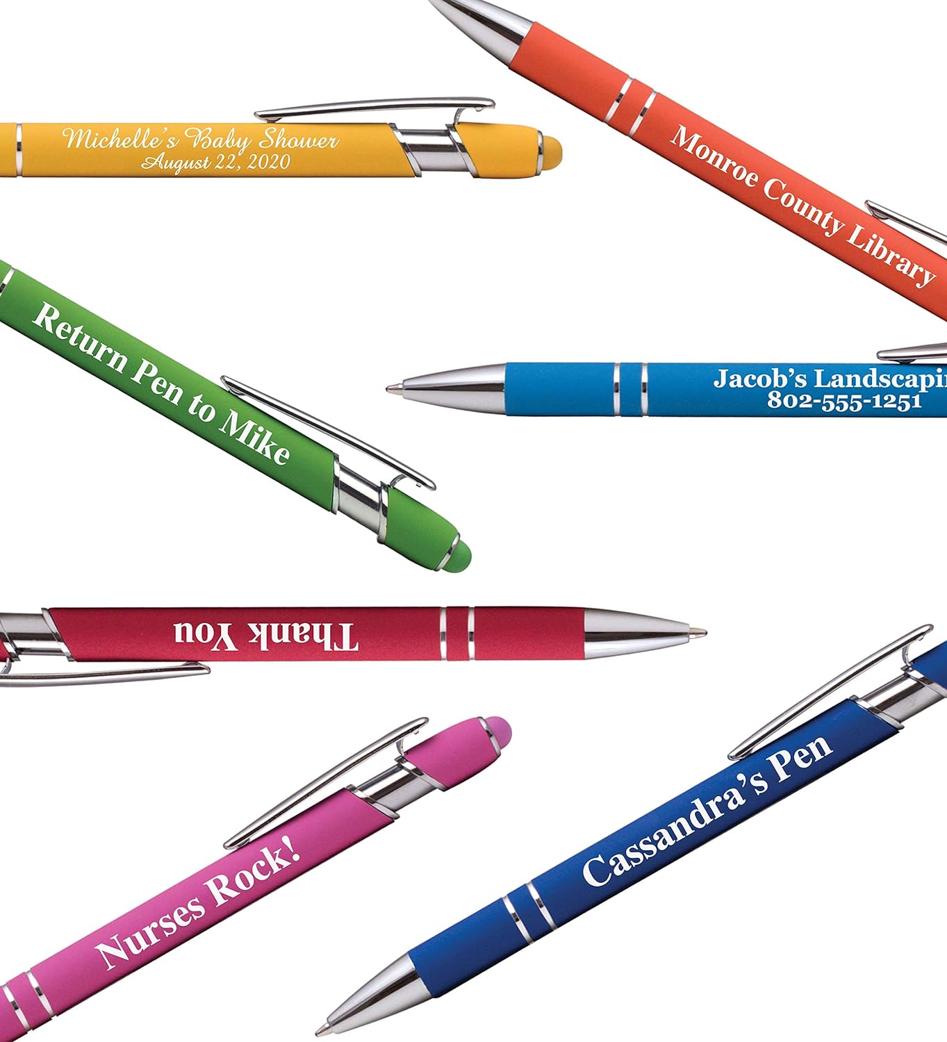 ExpressDesigns™ - Premium Custom Pens with Stylus | Burst of Color | Personalized Soft Touch Metal Printed Name Pens w/Black Ink - Imprinted w/Logo or Message - 12 pcs/pack (Green)