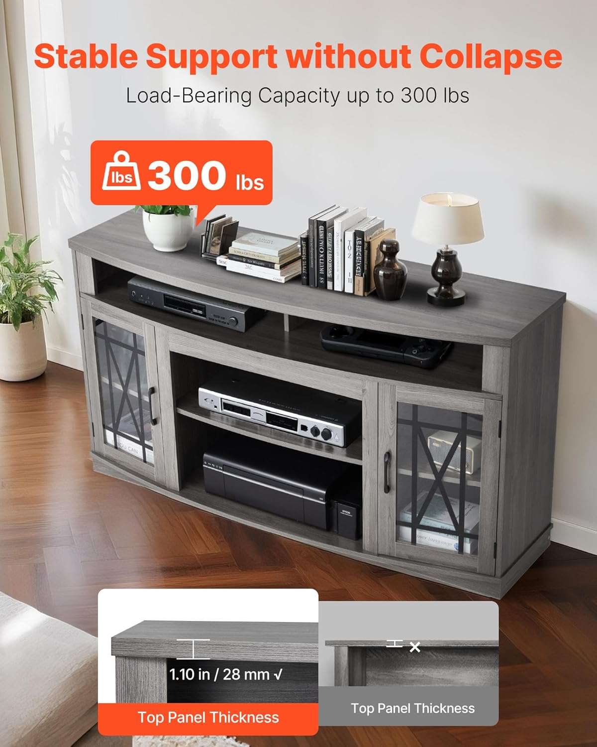 VEVOR TV Stand for TVs up to 65 inch, Farmhouse Entertainment Center with Light Strip, Wooden TV Cabinet Storage with Glass Doors and Adjustable Shelves, Console Table for Living Room, Bedroom, Gray