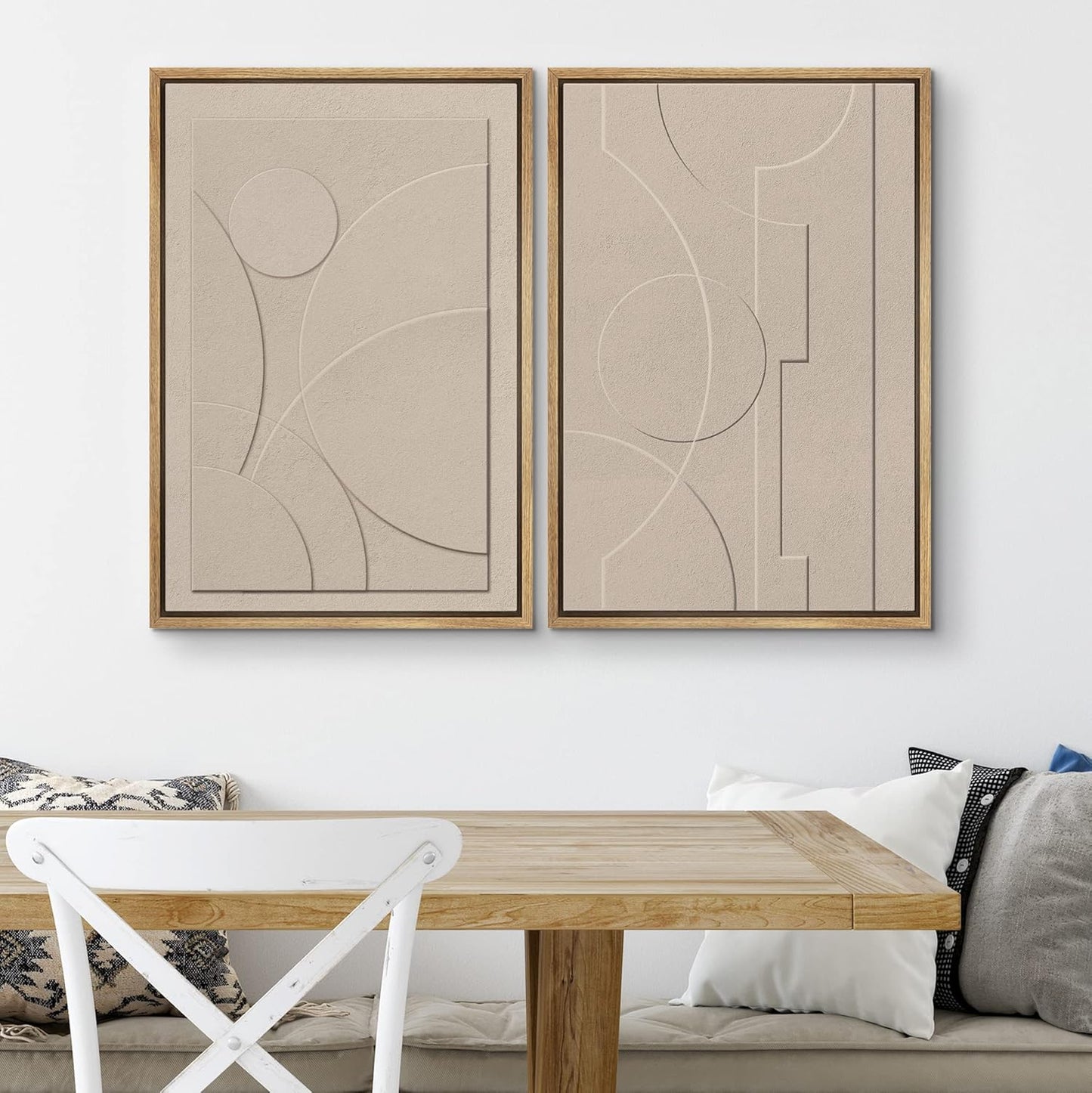 SIGNWIN Framed Canvas Print Wall Art Set Art Deco Geometric Polygon Collage Abstract Shapes Illustrations Minimal Decorative Boho Nordic Relax for Living Room, Bedroom, Office - 24"x36"x2 Natural