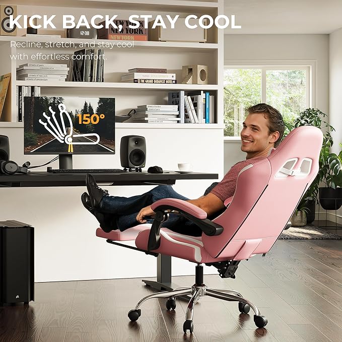 Ergonomic Gaming Chair with Footrest, Heavy Duty 330lbs Office Chair, Massage Lumbar Support, Adjustable Height & Headrest Pillow, Comfortable for Back Pain Relief, Streaming, Long Gaming, Rose