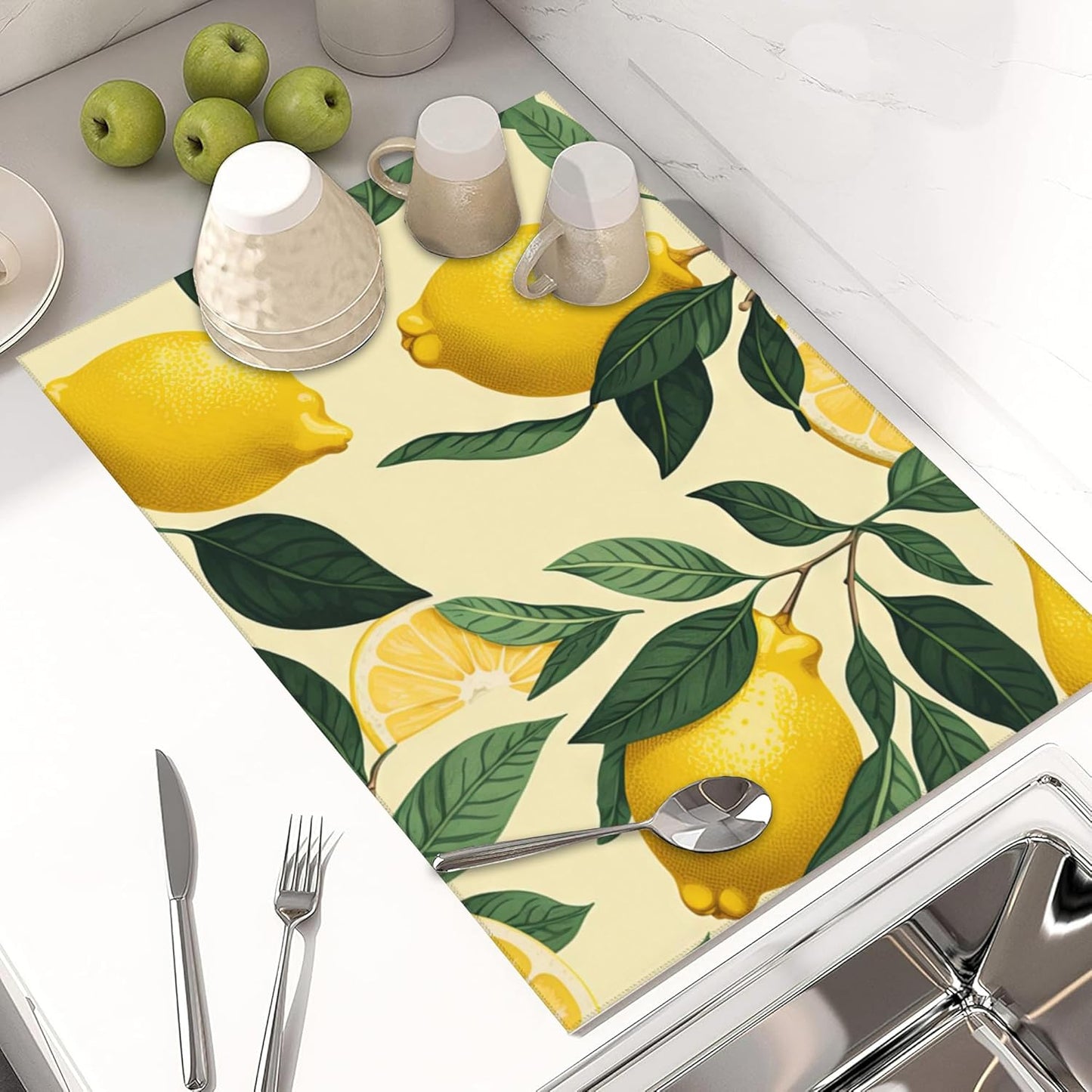 Large Dish Drying Mat for Kitchen Counter,18"X24" Lemons and Green Leaves Absorbent Reversible Microfiber Dish Drying Mat Dish Drainer Mat,Dishes Mat Drying Pad for Kitchen Countertop Coffee Bar