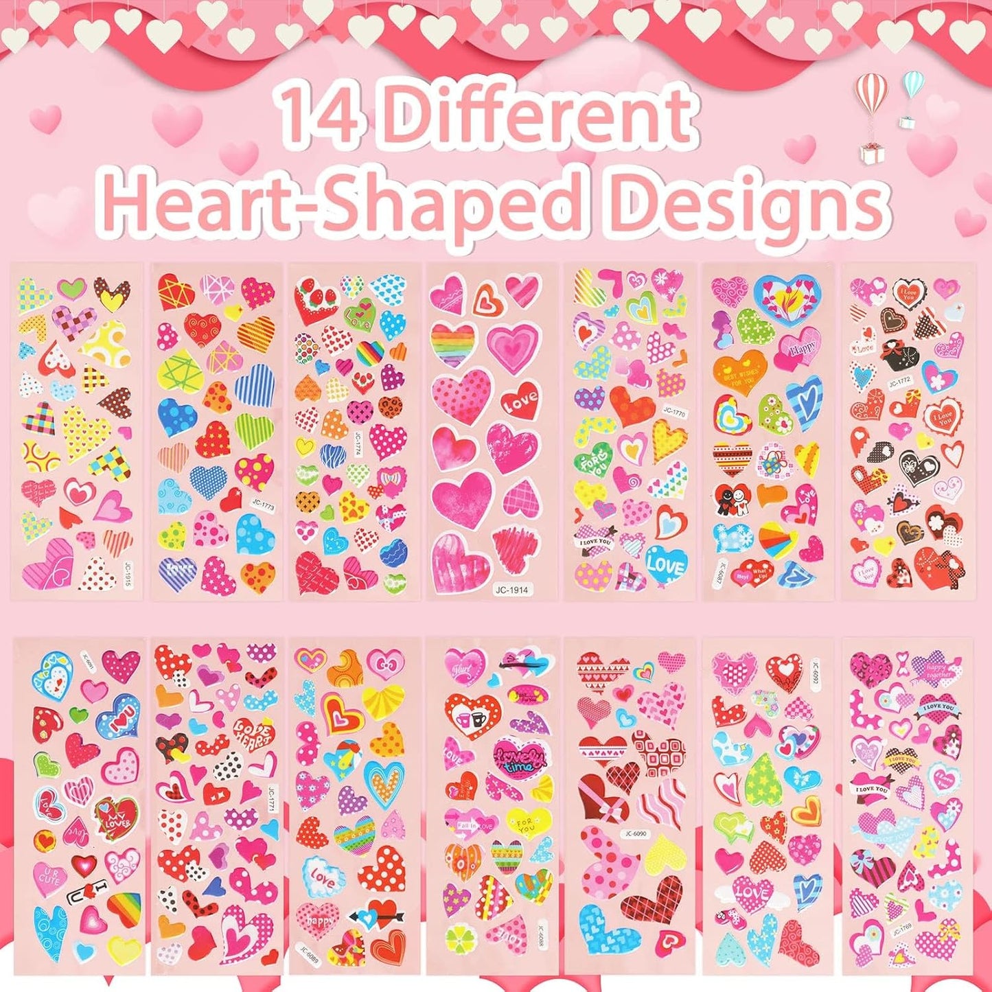 UPINS Valentine Stickers, 14 Sheets Over 500pcs Heart Stickers for Kids, Cute Puffy Colorful 3D Valentine's Day Crafts, Party Games