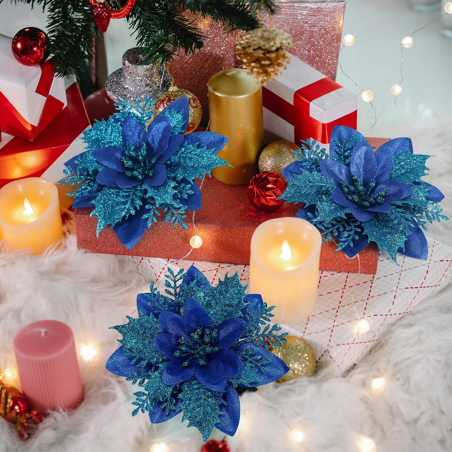 Childom 15 PCS Blue Poinsettia Flower Artificial Poinsettias with Clips Christmas Decorations Glitter Poinsettia Christmas Ornaments Xmas Tree Flowers with Stems DIY Xmas Wreath Holiday Party Decors