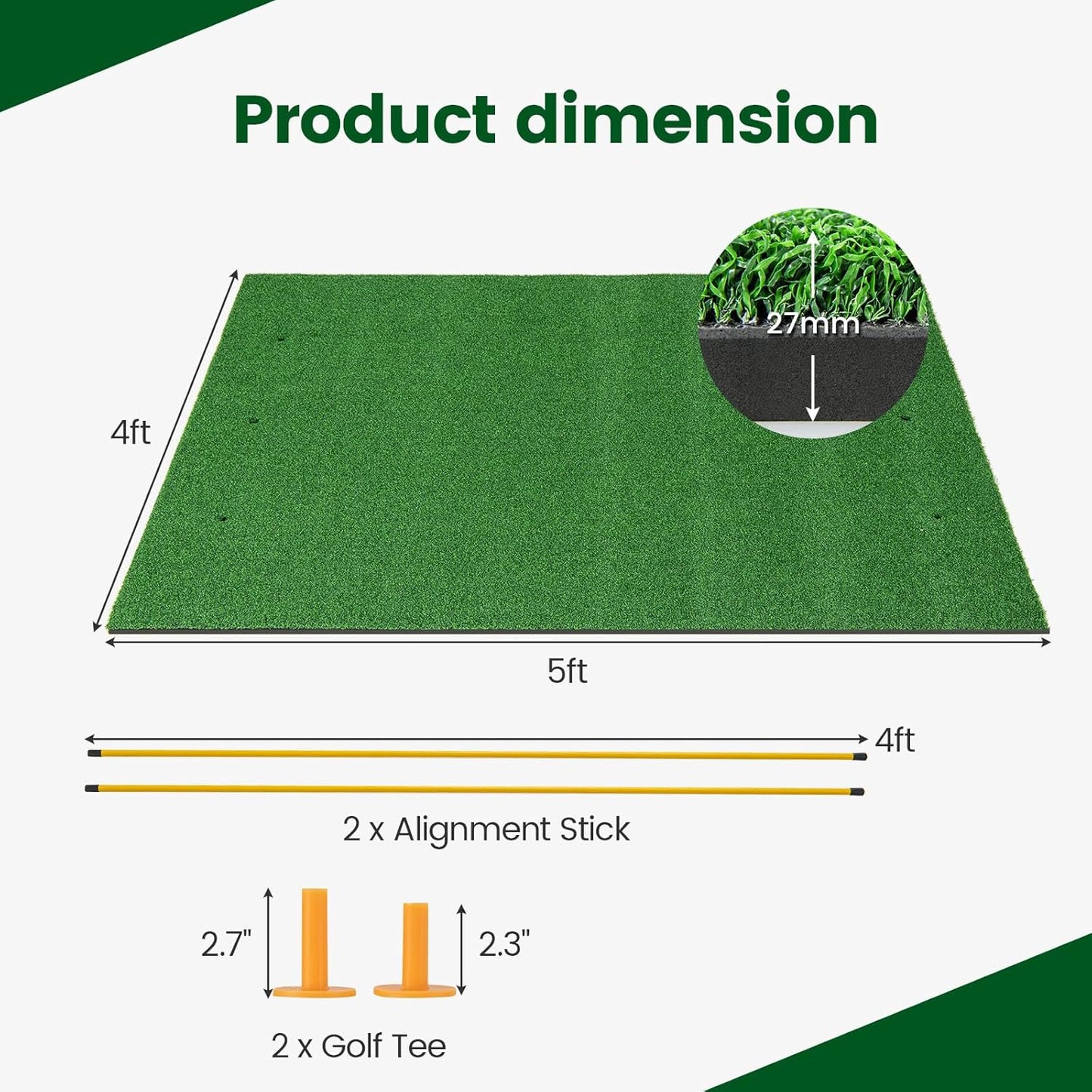 Tangkula Golf Hitting Mat, Artificial Turf Mat for Indoor/Outdoor Golf Practice Includes 2 Rubber Tees & 2 Alignment Sticks, Golf Training Mat for Home Backyard Garage