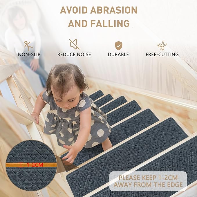 Stair Treads for Wooden Steps, 8" X 30" Non Slip Stair Runner Carpet Indoor with Reusable Adhesive Backing, Soft Tread Mat for Stairs, Polyester TPR Backing Stair Rugs- Dark Gray 4 Pack