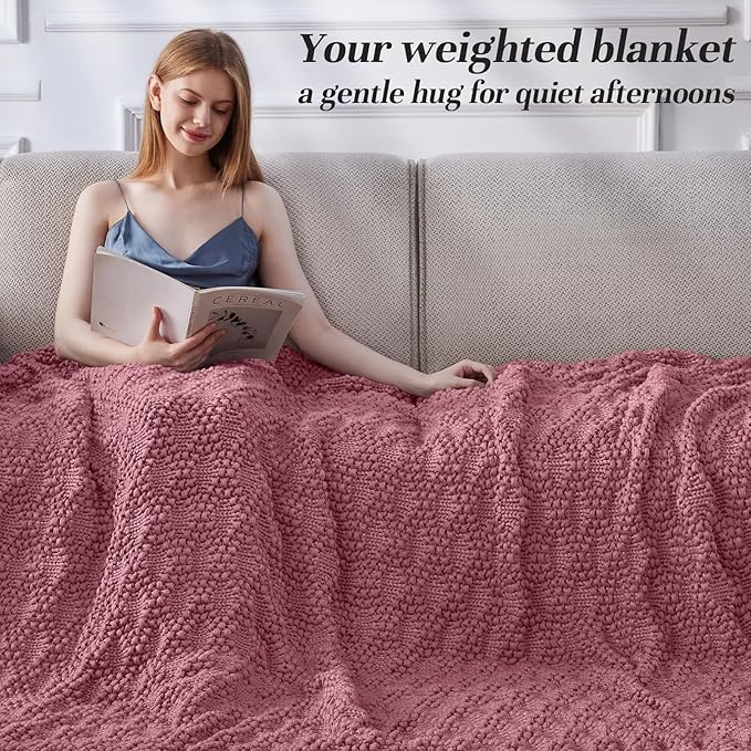 Knitted Weighted Blanket for Adult, Chunky Knit Weighted Throw for Sleep 50"*60" 10lbs, Cooling Breathable Heavy Blanket for Hot Sleepers, Machine Washable Blanket for Room Decor(Pink)