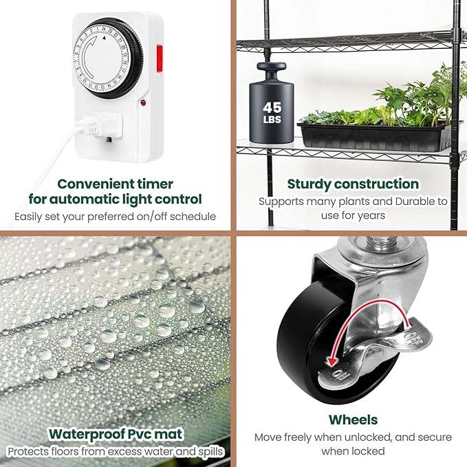 SOLIGT Plant Shelf with Grow Lights, 5 Tier Grow Light Stand Rack with 8 Pack 16“ 6000K T5 Full Spectrum Led Grow Lights for Indoor Plants, Seed Starting, Seedling Growing, Timer Included