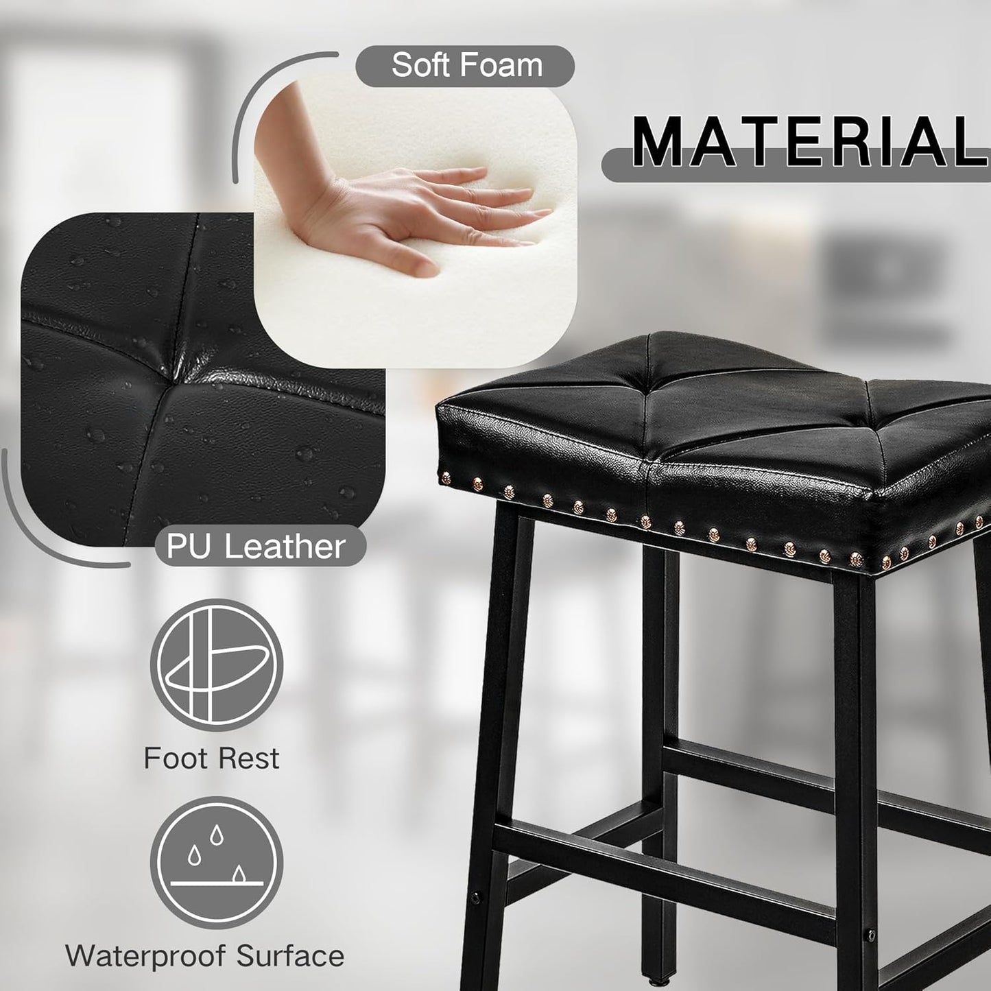 VECELO 25 inch Counter Height Stools for Kitchen Island, 3.3'' Thick PU Upholstered Saddle Seats, Backless Bar Chairs with Metal Base, Black