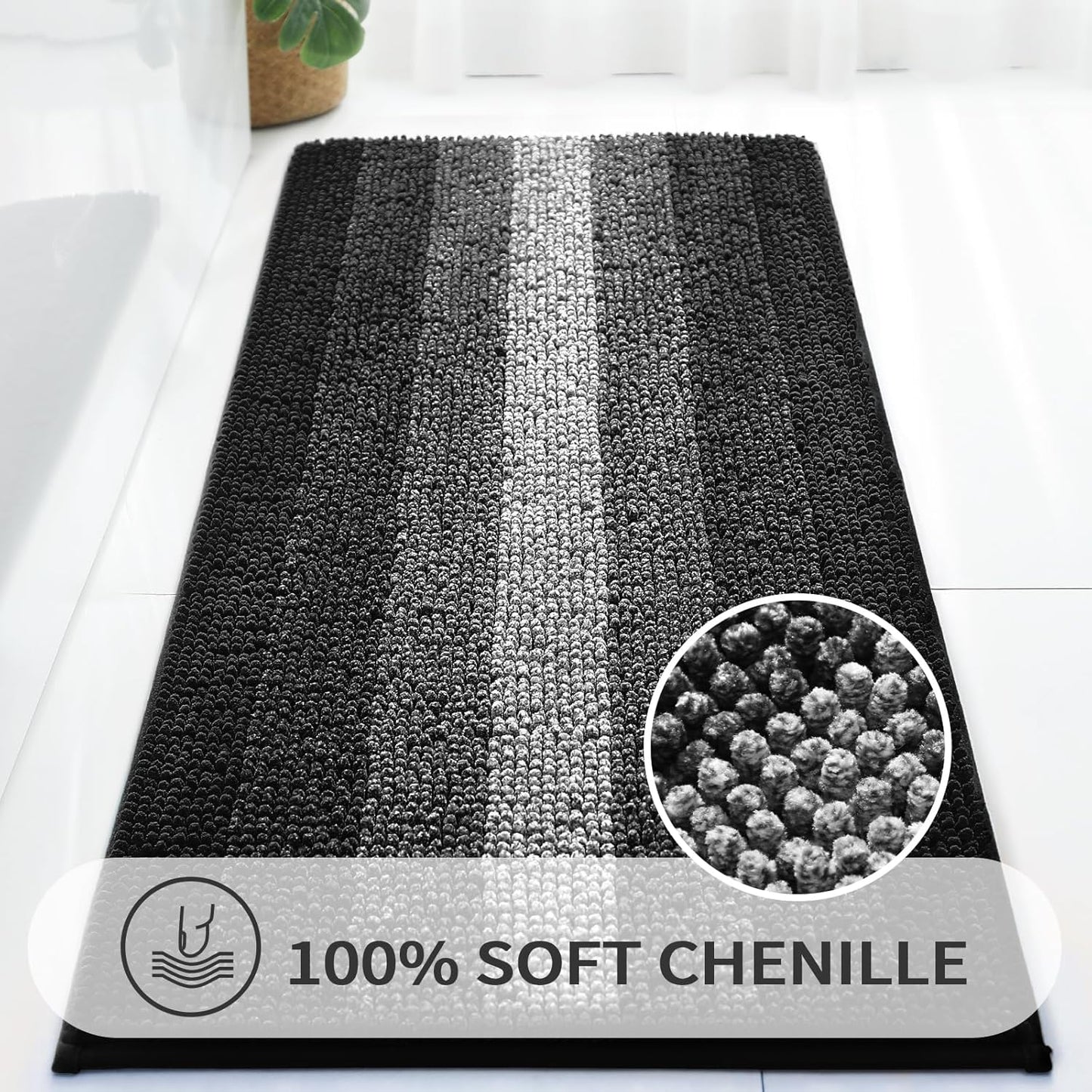 Gibelle Long Bathroom Rugs, Luxury Chenille Bath Mat, Small Non Slip Shower Rug and Bath Room Floor Mats, Machine Washable, Quick Dry Bathmat, Soft Cozy Plush Rug for Tub, 20" x 47", Black