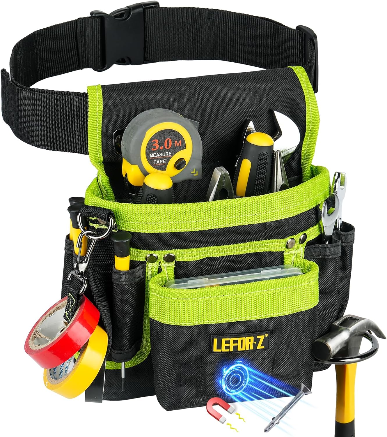 Tool Belt,Magnetic Tool Pouch,14-Pockets Tool Belts for Men,Detachable & Adjustable Tool Pouch belt for Electrician,Carpenter,Construction,Work Apron,Utility Belt,Black-Green