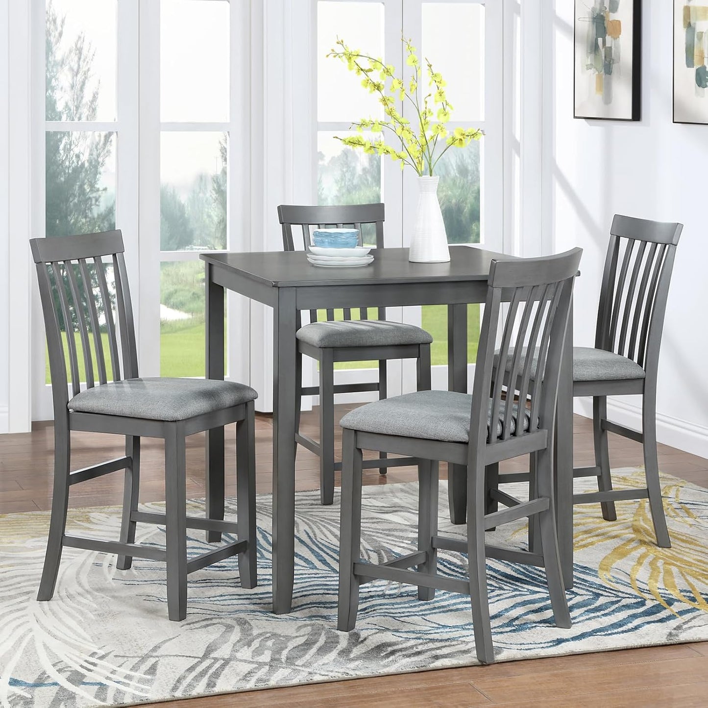 KEIKI 5-Piece Counter Height Dining Table Set with Square Table and 4 Upholstered Vertical Slatted Backrset Chair, for 4 Person, Modern Wooden Table Set, Easy Assembly, for Kitchen, Dining Room, Gray