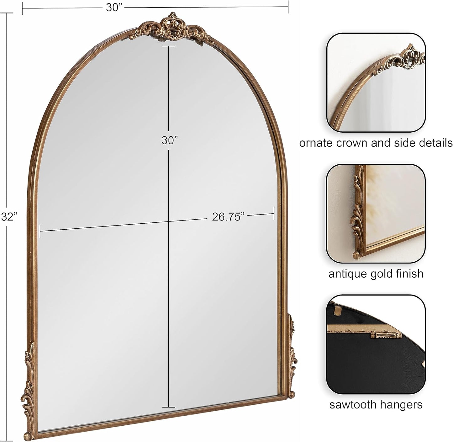 Kate and Laurel Myrcelle Traditional Arched Mirror; 30 x 32; Antique Gold; Decorative Large Vintage Arch Mirror with Ornate Garland Detailing Along The Crown and Edges of The Frame