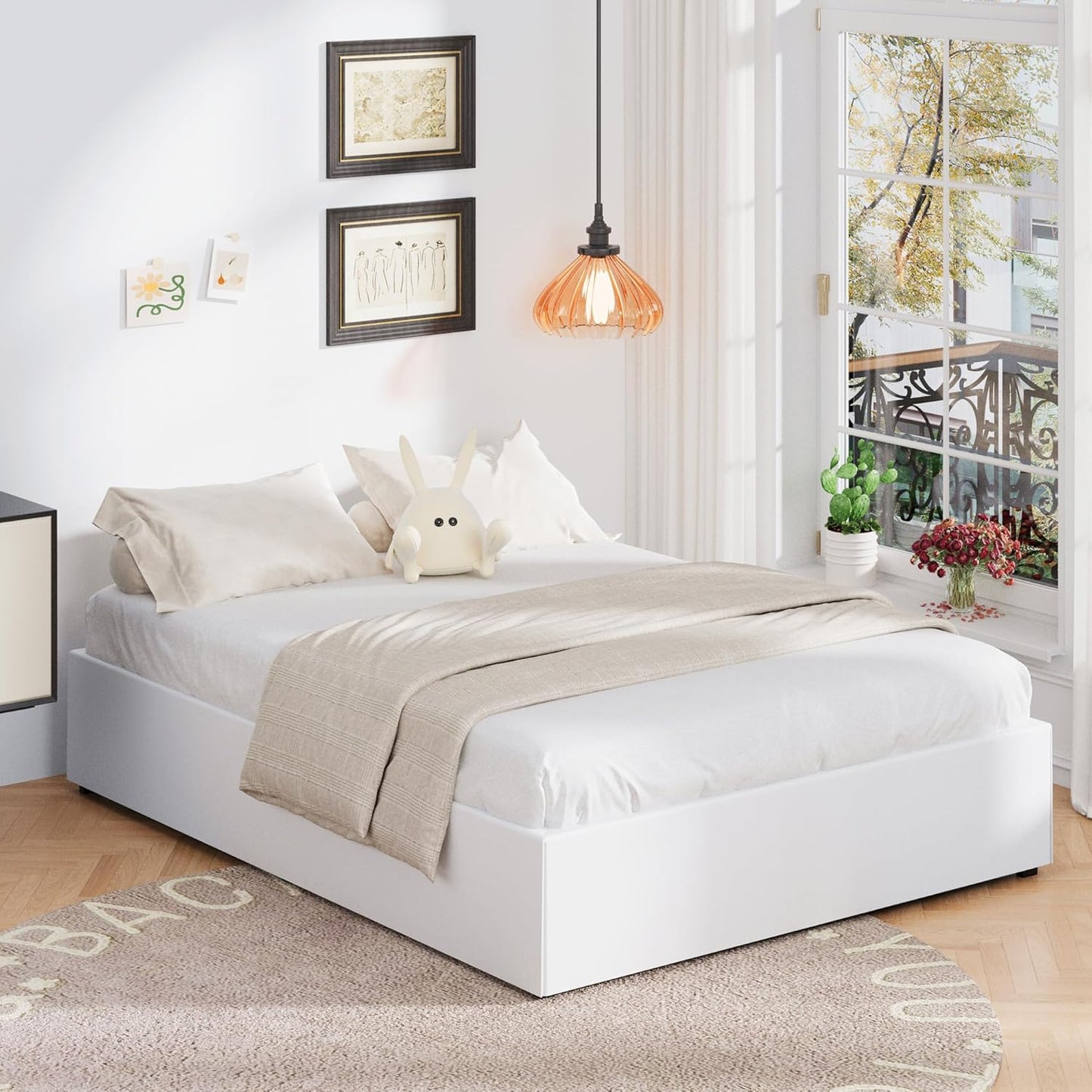 16 Inch Queen Bed Frame with White Skirt Cover, Metal Bed Frame Queen Size with Storage, No Box Spring Needed, Heavy Duty, Easy Assembly, Noise Free, Mattress Foundation