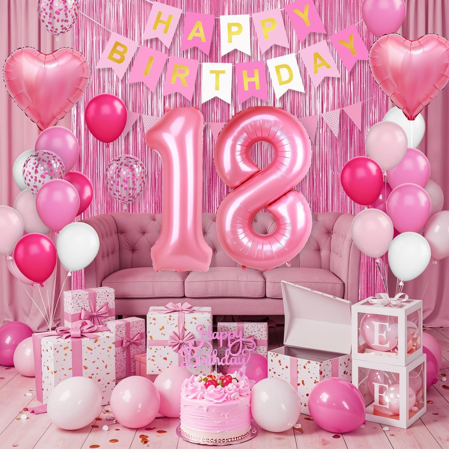 18th Birthday Decorations for Girls,Hot Pink 18th Birthday Balloons with Happy Birthday Banner Fringe Curtain Heart Foil Balloons for 18 Year Old Birthday Decor
