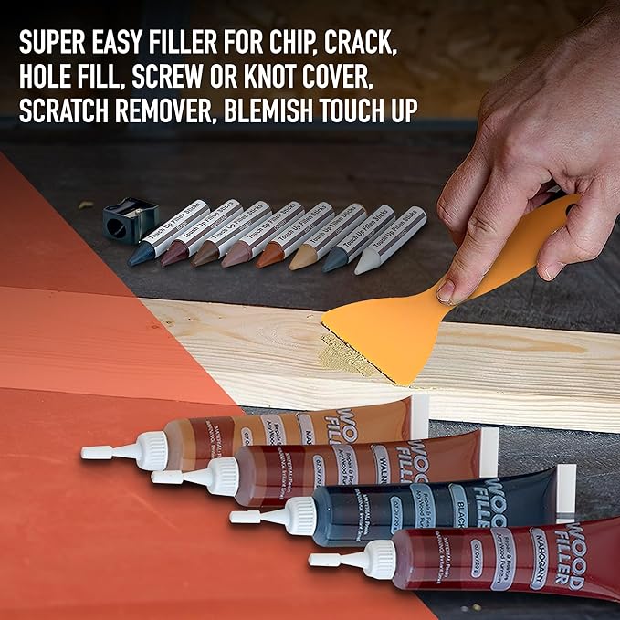 Wood Filler Furniture Markers Touch Up Repair Kit 34 Pieces - Color Match Filler & Scratch Repair Stain Pens for Hardwood Cracks, Holes, Discoloration, Wooden Door, Floor, Cabinet, Table