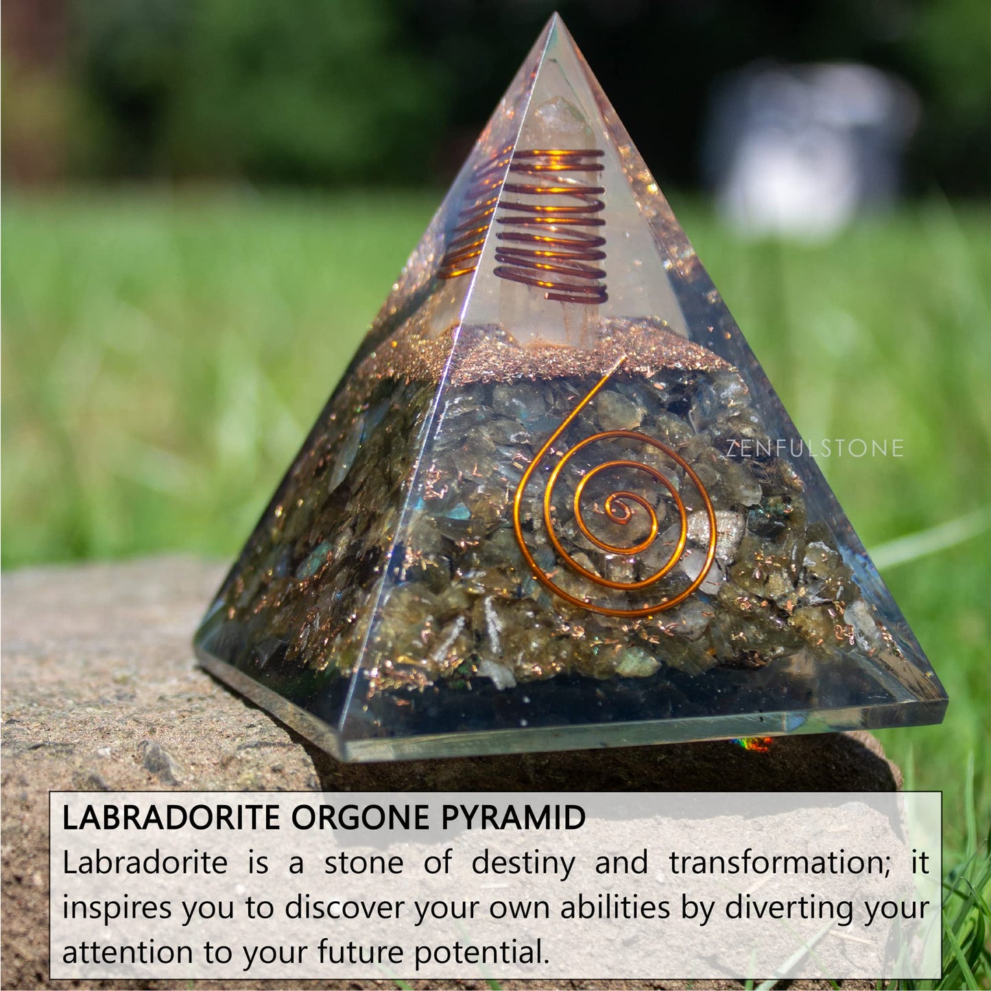 Labradorite Orgone Pyramid for Confidence & Self-Empowerment | Orgonite pyramids with Copper Coil and Crystal Quartz for Chakra Protection