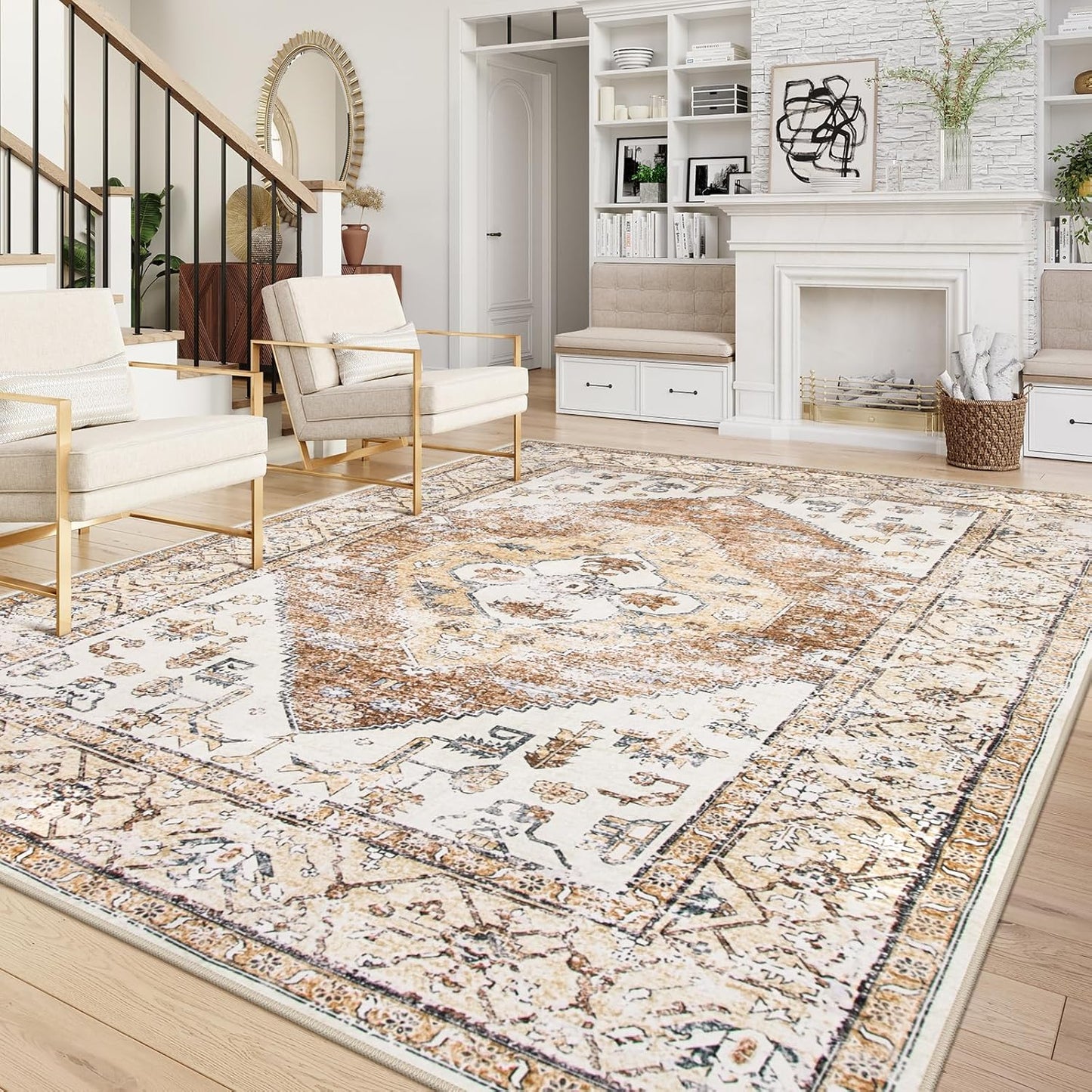 Lahome 9x12 Area Rugs for Living Room - Boho Non-Slip Washable Carpet Ultra-Thin Large Rug Lightweight Throw Foldable Dining Room Mat，Farmhouse Neutral Print Carpet for Bedroom Guest Room (Taupe)
