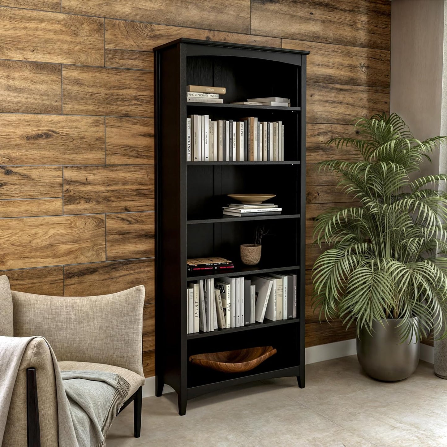 Camaflexi Shaker Style 6 Shelf Bookcase/Solid Wood / 72 inch Tall/Adjustable Shelving/Closed Back/Display Bookshelf for Living Room, Bedroom, Home and Office, Black