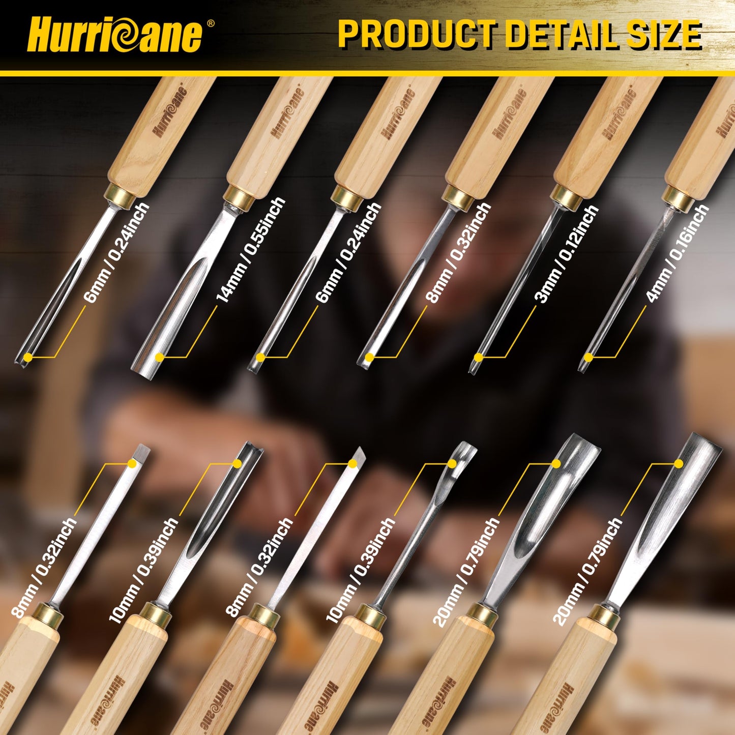HURRICANE 12-Piece Wood Carving Tools Set, Professional Wood Carving Chisels Kit with Razor Sharp 60CRV Steel Blades, Ash Wood Handles & Canvas Case for Beginners & Professionals