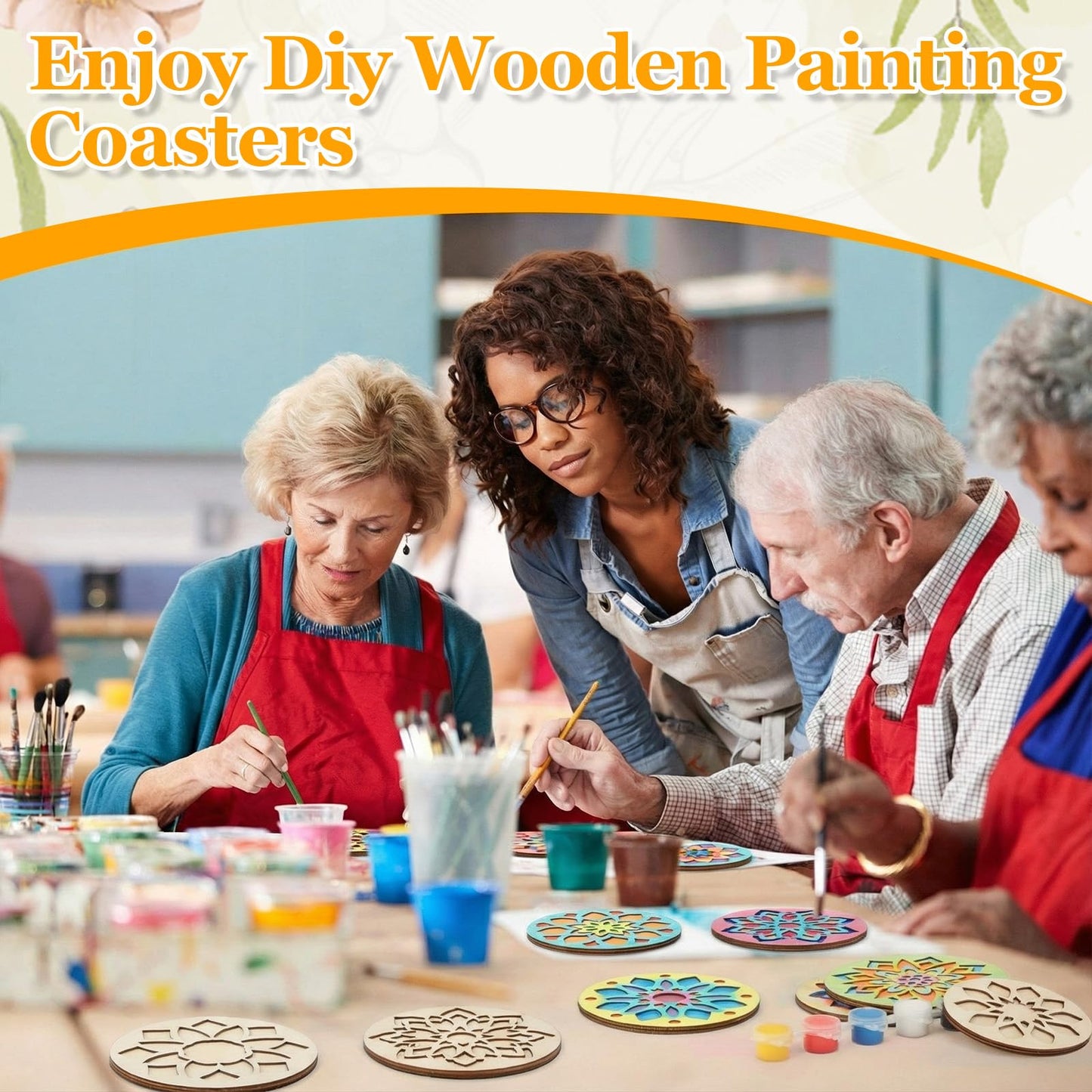 DoubleFill 12 Pcs Wooden Coasters Painting Kit with Paint Art Drink Coaster Gift Craft DIY Kit for Adults, Women, Hobby, Christmas Decoration Home Apartment Decor(Mandala)