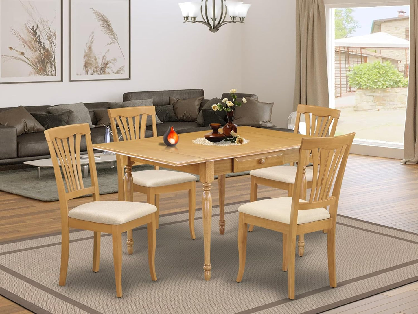 East West Furniture MZAV5-OAK-C 5 Piece Dinette Set for 4 Includes a Rectangle Dining Room Table with Dropleaf and 4 Linen Fabric Kitchen Dining Chairs, 36x54 Inch, Oak